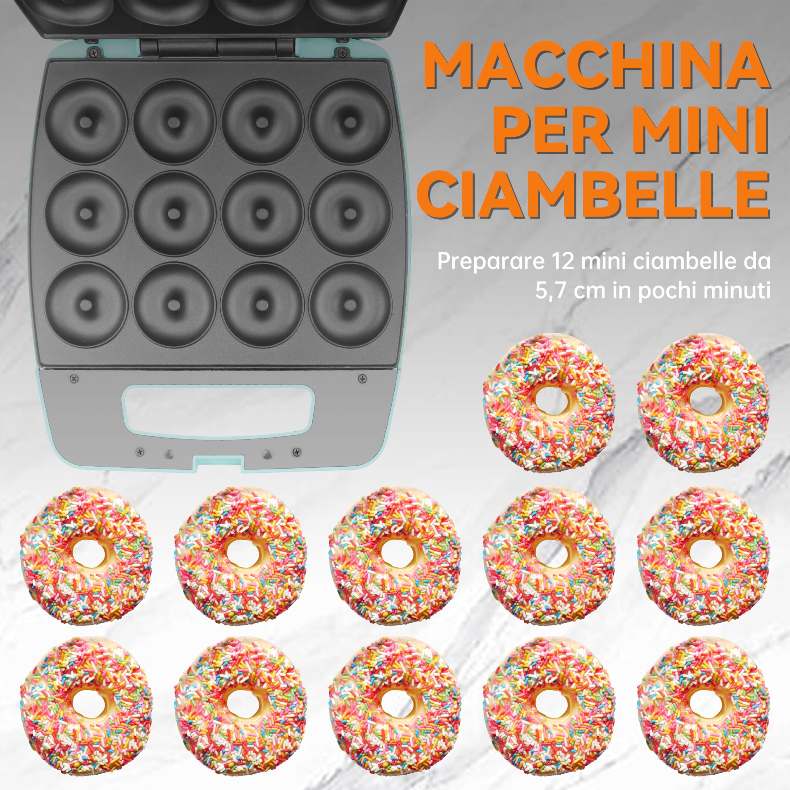 Baker's Friend macchina per mini ciambelle, donut maker, prepara 12 mini ciambelle, perfette per colazioni, spuntini, dolci e altro, Aqua