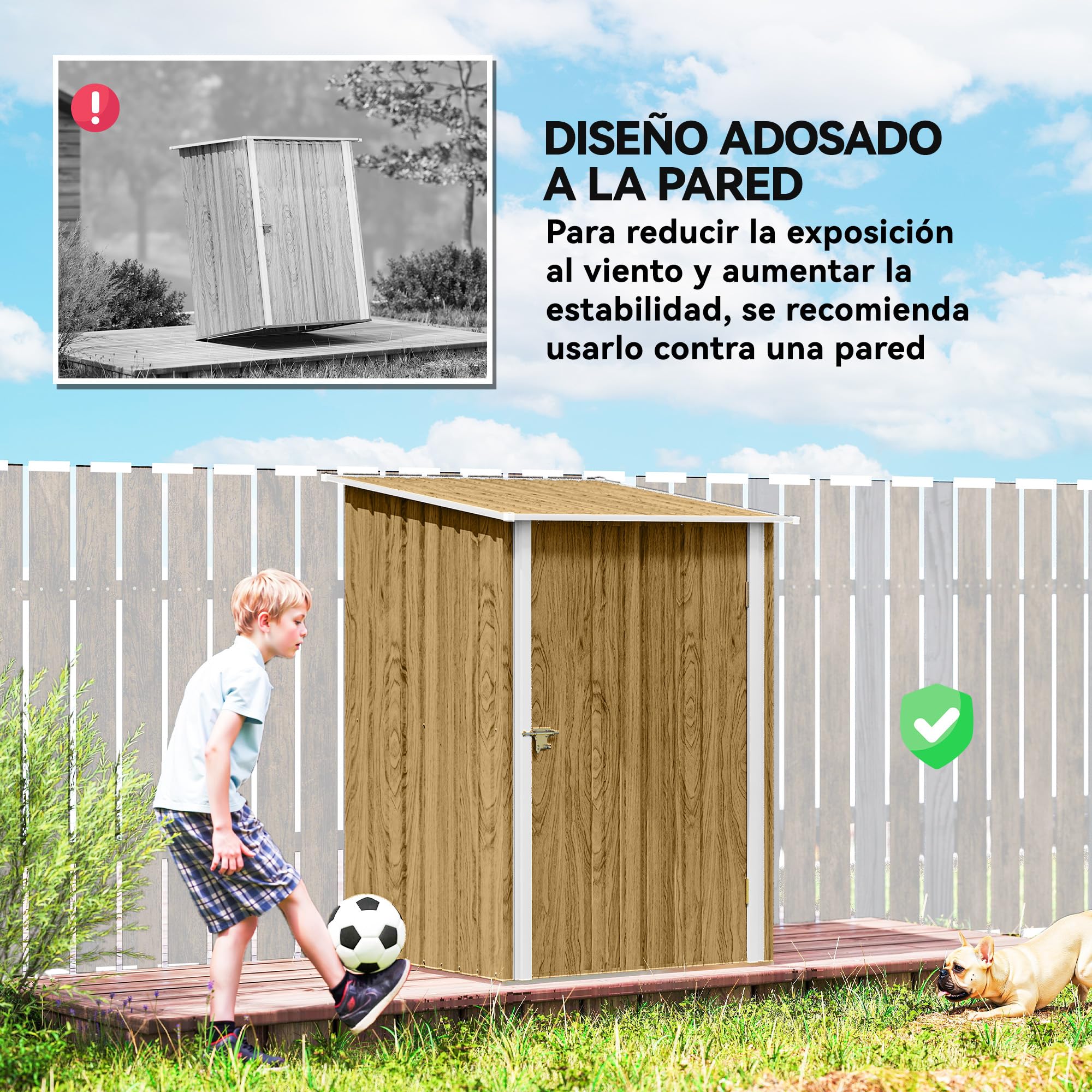 Outsunny Cobertizo de Jardín Exterior, 0,92 m², 100x103x160 cm, Caseta de Jardín Exterior Metálica con 1 Puerta y Cerradura, para Almacenamiento de Herramientas, para Patio, Terraza, Marrón Claro — view 5