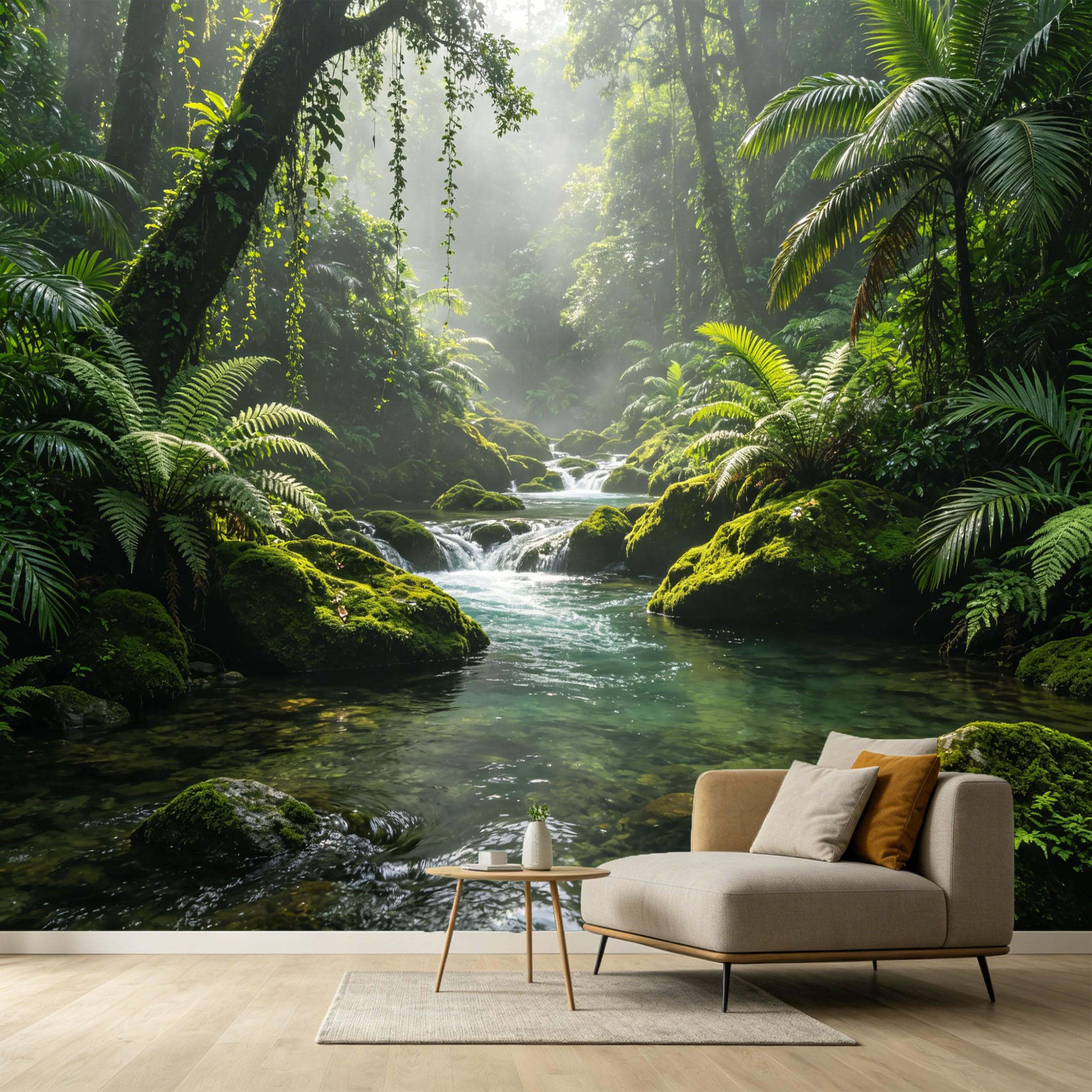 Custom Size Wall Murals Tropical Jungle Rainforest River Stream Sunbeam Botanical SelfAdhesive Wall Fabric Removable Large Wallpaper for Photo Living Room