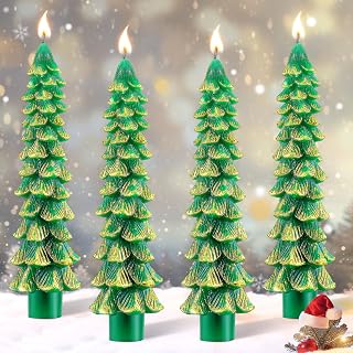 4 Pack Christmas Tree Candles, 5 Inch Pure Beeswax Christmas Tree Shaped Taper Candles for Xmas Holiday Decor, Advent Party Banquet Centerpiece Decoration(Green with Gold Trim)