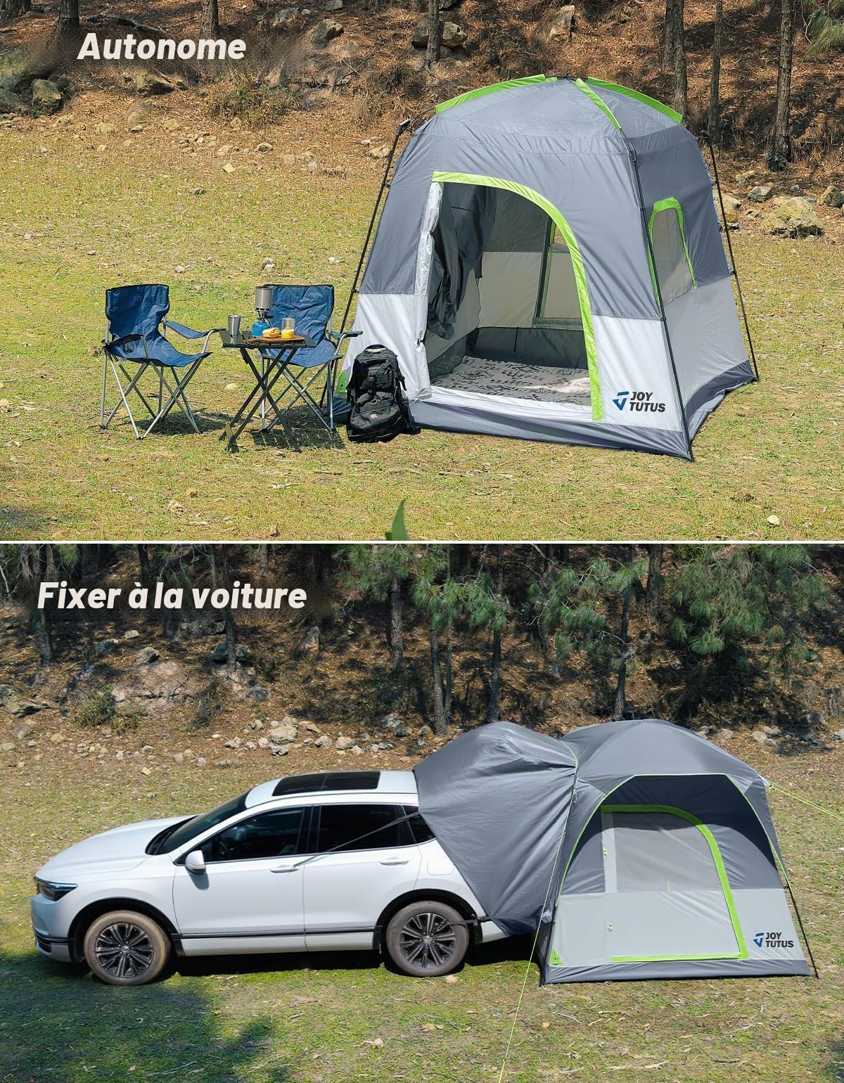 JOYTUTUS Tente SUV avec véranda et tente de camping pour la famille, grande tente pour voiture spatiale pour 4-9 personnes, SUV à double usage ou camping sous la pluie, double porte, toit ciel étoilé