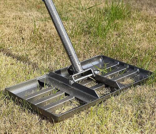 COCONUT Rastrillo nivelador de césped, cabeza de metal resistente de 17 x 10 pulgadas con agarre de acero inoxidable, mango ajustable, herramienta