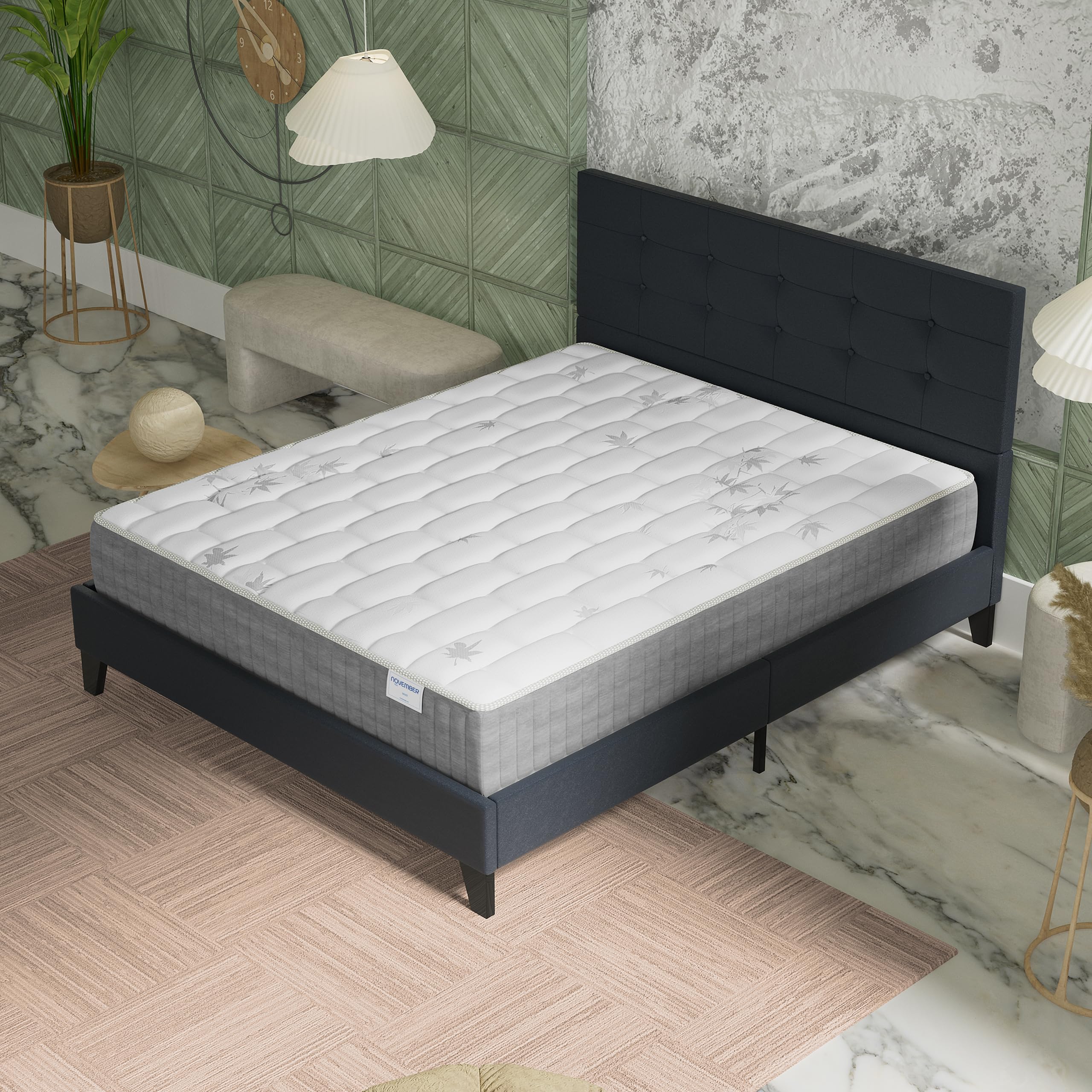 NOVEMBER- Ensemble Matelas + LIT (140x200cm)- Matelas Galice 25cm Ressorts ensachés & Mémoire de Forme+ Sommier tête de lit Bois Stable & Robuste revêtement synthétique Noir