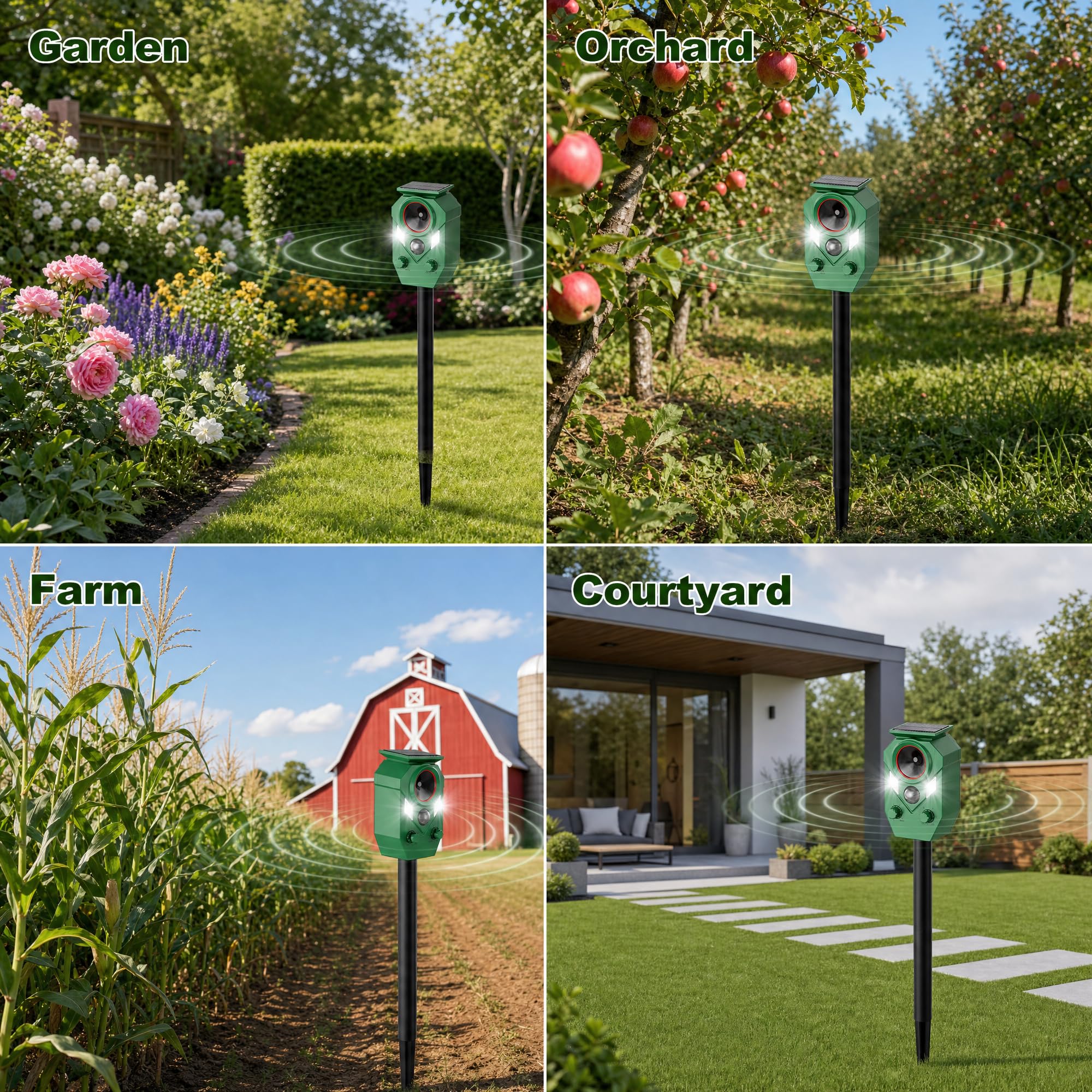 Repellente per animali a ultrasuoni ad energia solare con movimento e luci stroboscopiche a LED, deterrente per gatti all'aperto per scoiattoli, cervi, conigli, puzzole e cani, protegge giardino