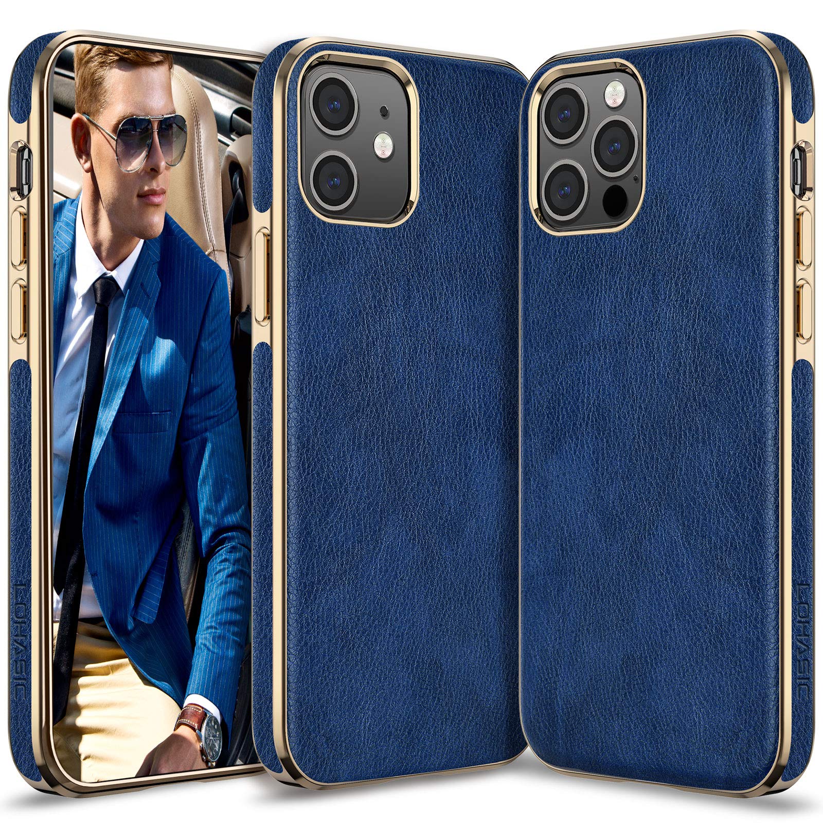 LOHASIC for iPhone 12 Pro Leather Case, for iPhone 12, Designer Elegant Luxury Business Men Women Phone Cover, Non-Slip Grip Shock-Absorbent Protective Slim TPU Bumper 6.1" for I-12Pro - Blue Gold