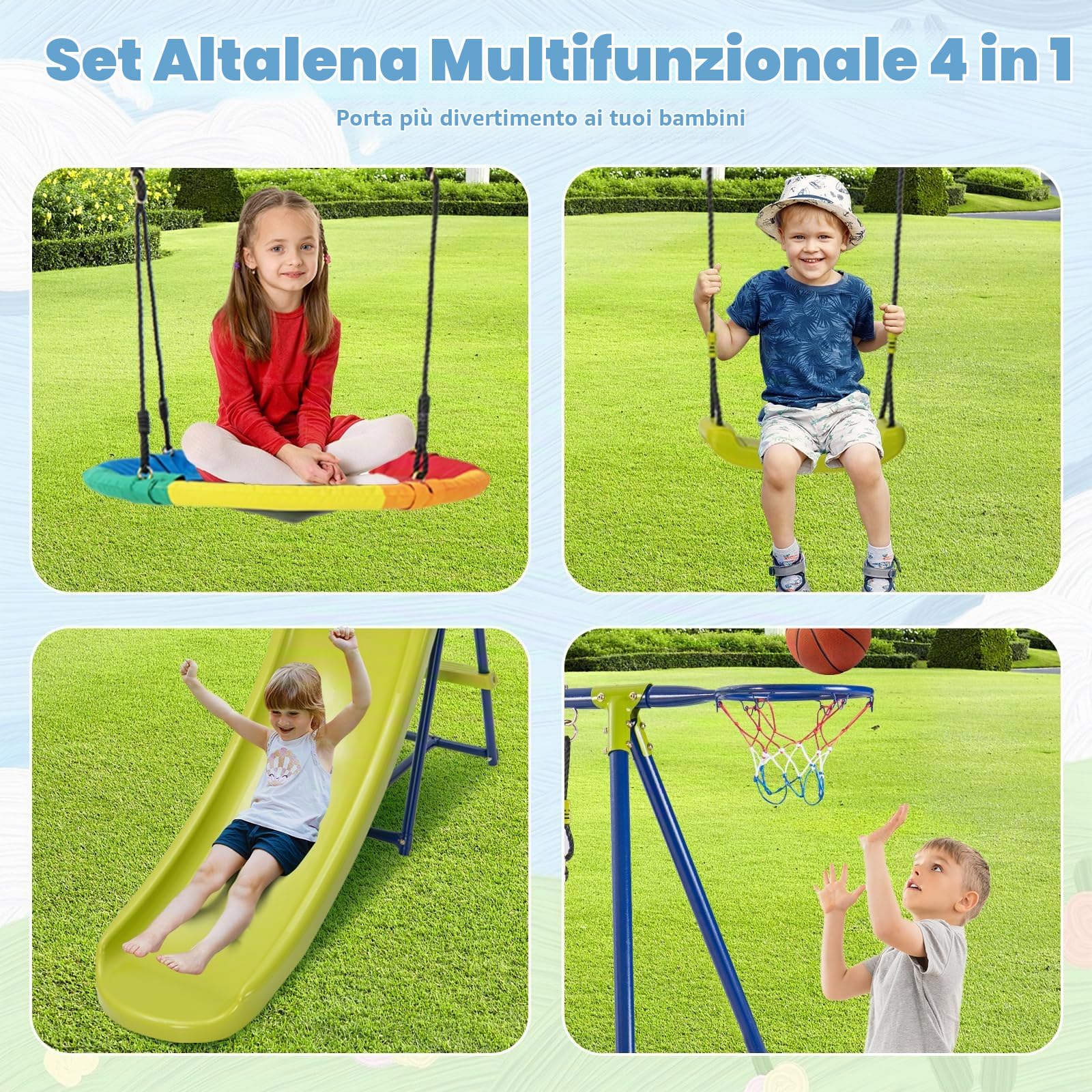 RELAX4LIFE 4 in 1 Altalena Doppia da Giardino con 2 Altalene (a Nido+Classica), Scivolo, Canestro Basket, Corde Regolabili e Struttura in Acciaio, Giochi per Bambini, Interno e Esterno