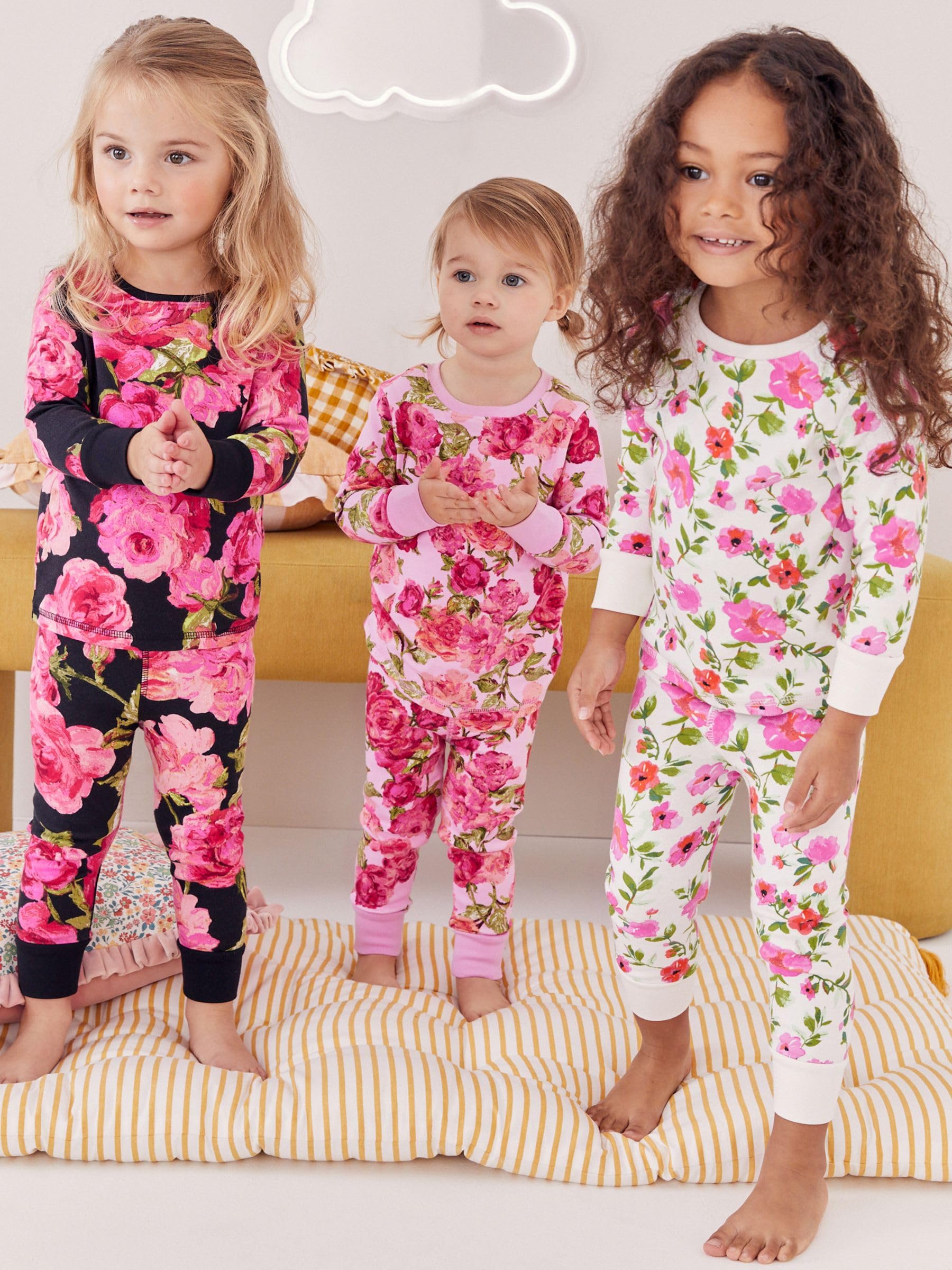 NEXT Ragazza Confezione da 3 Pigiami Comodi a Fiori | Bambino, Standard, Mid Rise, Pull On, 100% cotone