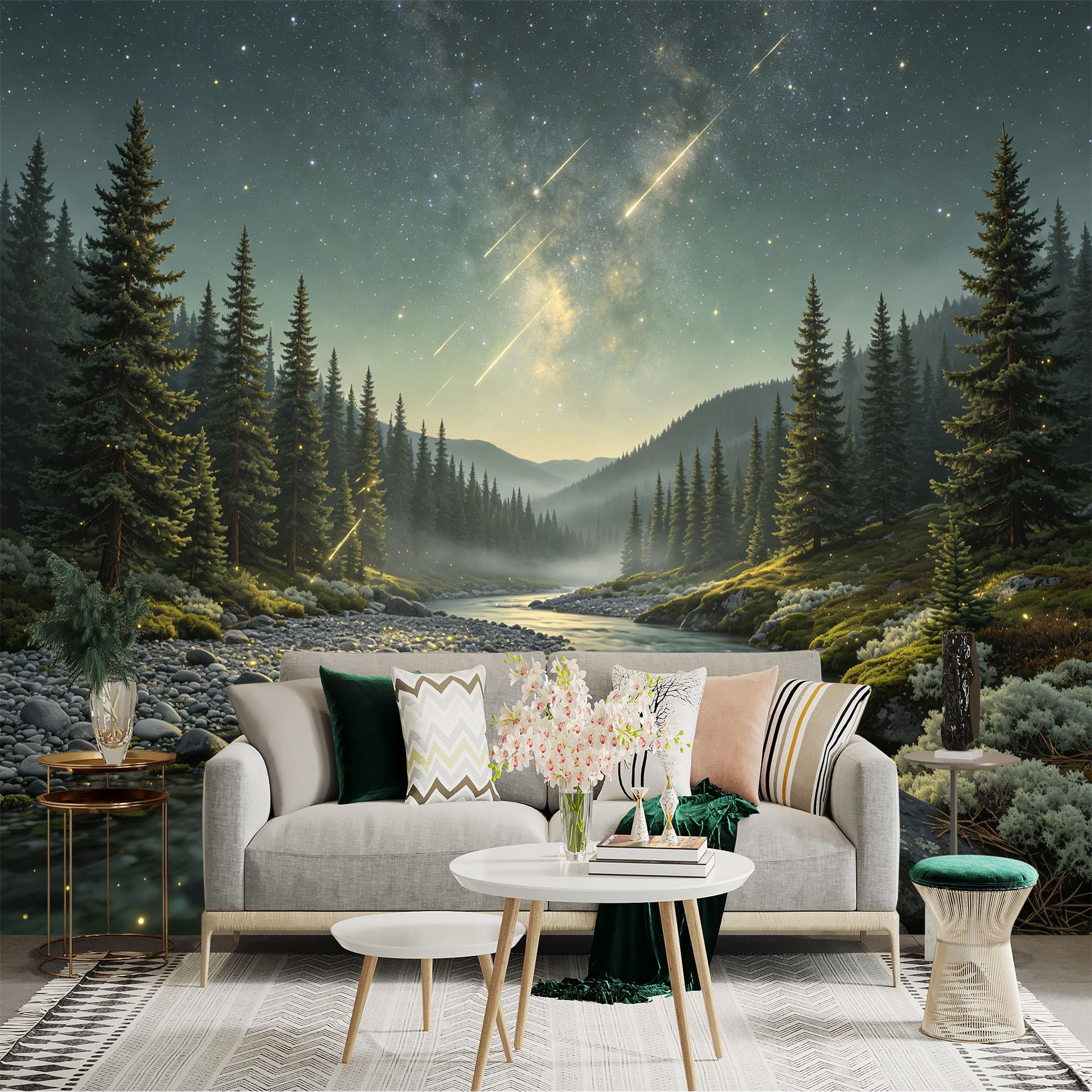 Lnzczhyre Bh260719412 Custom Size Wall Sticker Mural， Milky Way Over River， Enchanting Forest Landscape， Glowing Fireflies， For Wall Decoration， Peelandstick Wall Decals.