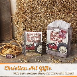 Christian Art Gifts Medium Portrait Inspirational Scripture Gift Bag, Tag & Wrapping Tissue Paper Set for Men & Women: Nothing is Impossible Encouraging Bible Verse, Wooden Brown & Red Tractor Theme