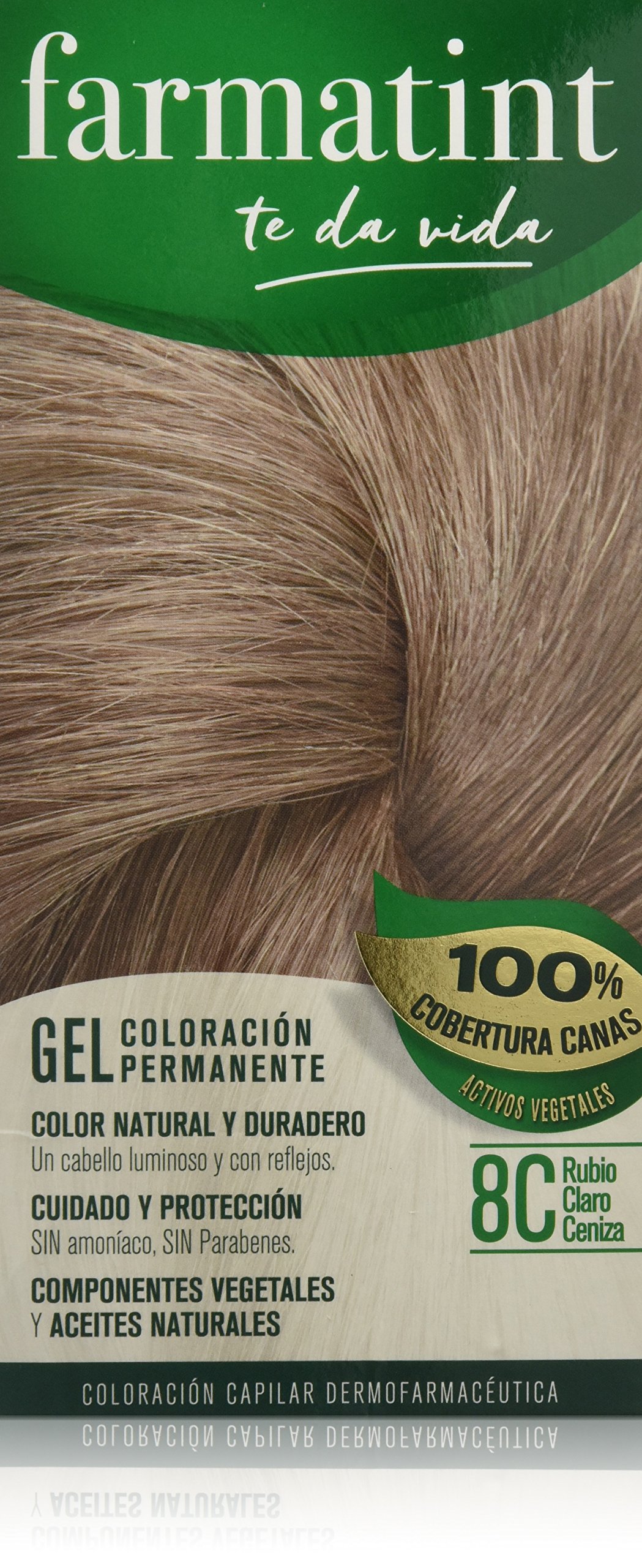 Farmatint Gel 8C Rubio Claro Ceniza, Tinte Vegetal Permanente, Sin Amoníaco, Cobertura Completa de Canas, Cuida y Protege tu Cabello, Unidad de 170ml