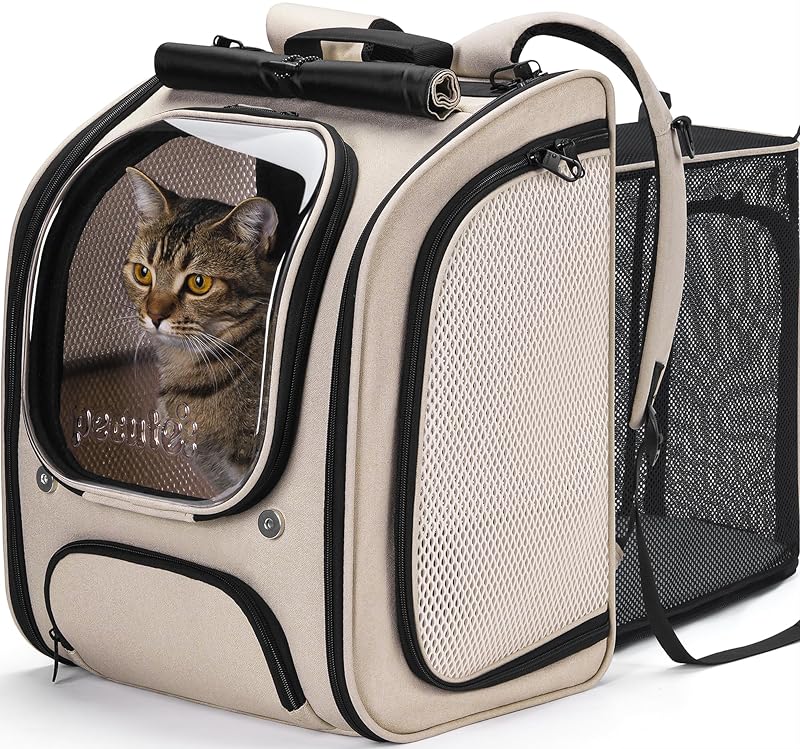 Mochila de Transporte para Gatos e Cães Pecute com Expansão e Janela Transparente Khaki(Expandable) 42 x 32 x 26 cm