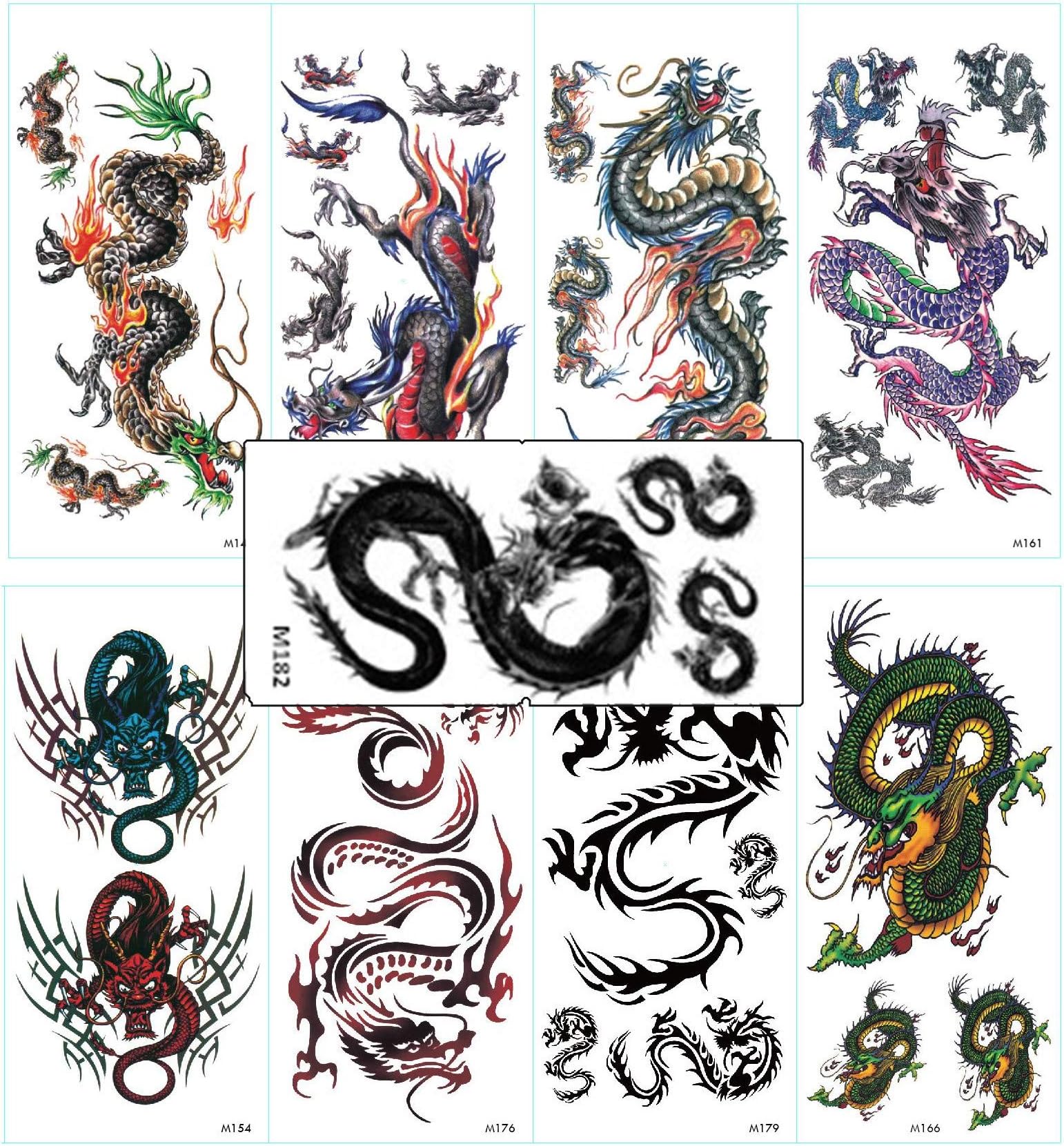 Xinke 9 Sheets Assorted Chinese Dragon Chinese Character Temporary Tattoos Waterproof Stickers for Women Men