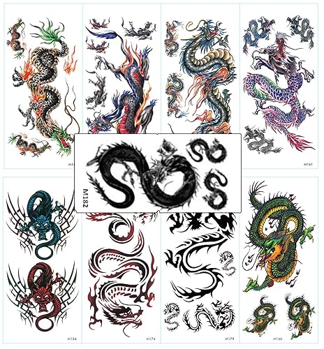 Surtido de 9 hojas de tatuajes temporales de dragón, punk impermeables para mujeres y hombres, recuerdos de fiesta
