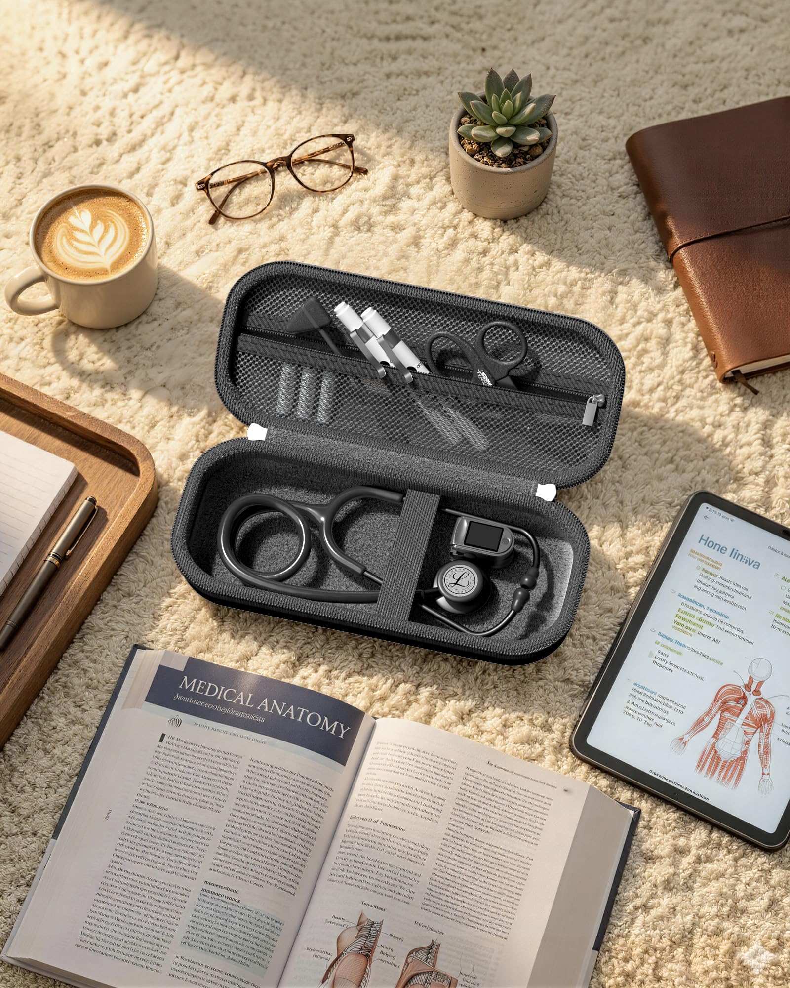 ProCase 聴診器ケース 耐衝撃 ハードEVA 収納ポーチ Littmann Cardiology対応 メッシュポケット付き - ブラック | Classic III Lightweight III IV MDF Acoustica等対応, ベルベット裏地, 弾性固定バンド, 軽量コンパクト, 持ち手付き, 医療従事者への贈り物に