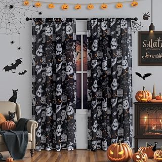 MYSKY HOME Halloween Sheer Curtains for Living Room 84 Inch Long Ghost and Pumpkins Printed Light Filtering Curtains Rod Pocket Window Curtain Spooky Decor for Boys Girls Bedroom, 2 Panels, W52, Black