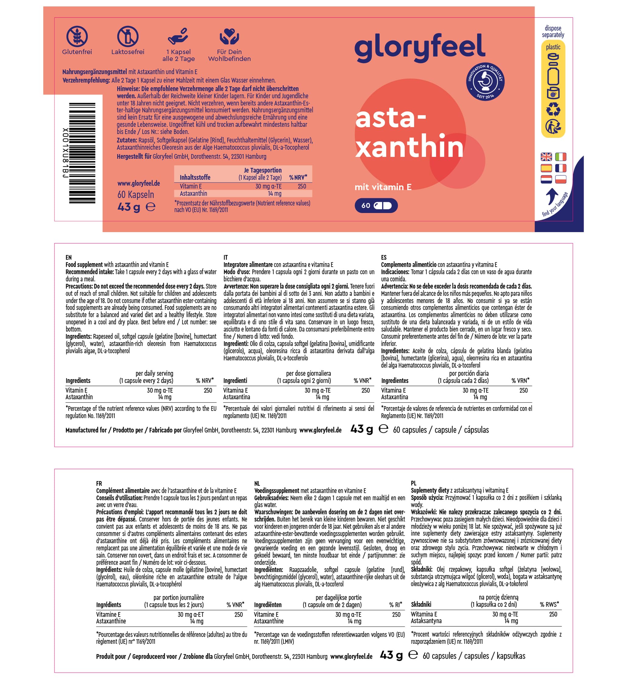Astaxantina Naturale, 14 mg da 190 mg di Estratto di Haematococcus Pluvialis, Alto Dosaggio, 60 Capsule, Astaxantina con Vitamina E, Potere Antiossidante, Protegge le Cellule dallo Stress Ossidativo