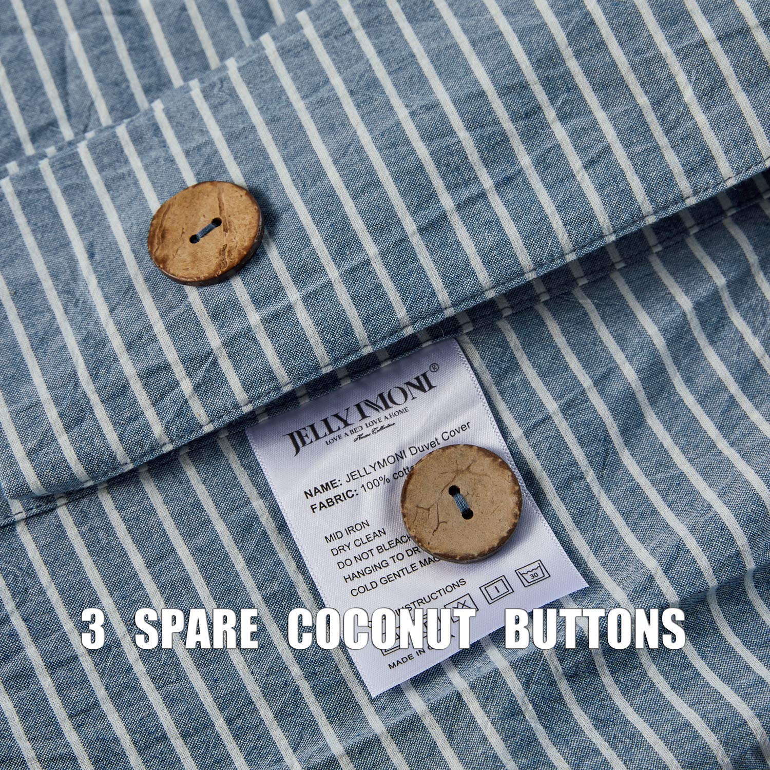 JELLYMONI Pinstriped 100% Washed Cotton Linen Like Duvet Cover Set, 3 Pieces Soft Bedding Set with Buttons Closure, Blue with White Vertical Ticking Stripes Pattern Duvet Cover Twin Size(No Comforter)