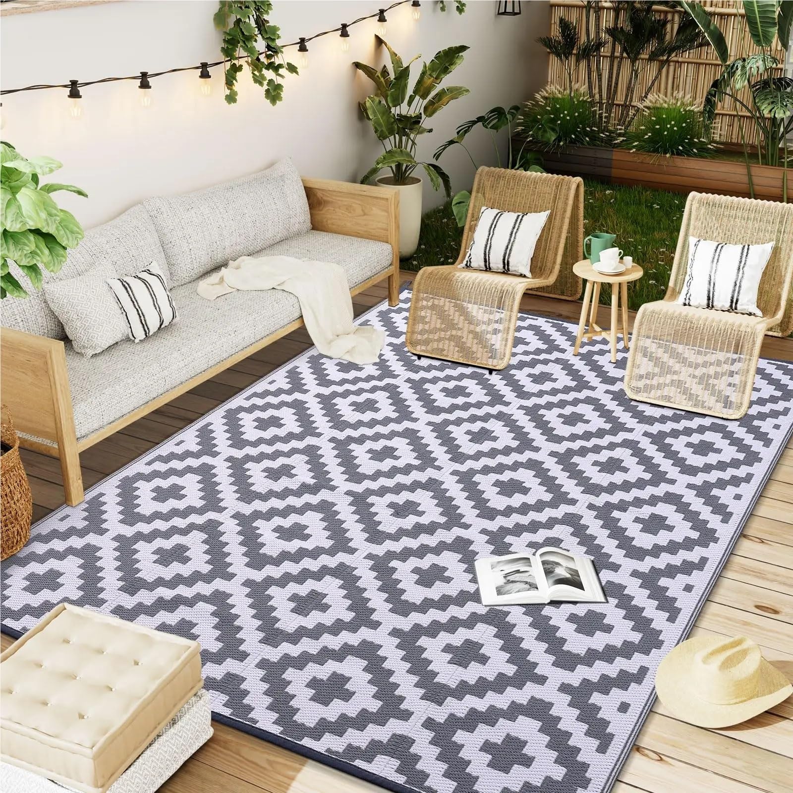 Dywan na zewnątrz, Dywaniki na taras, podwórko, piknik rodzinny, balkon, dywaniki do ogrodu, kempingu(Gray White,5X8inch(150x240cm))