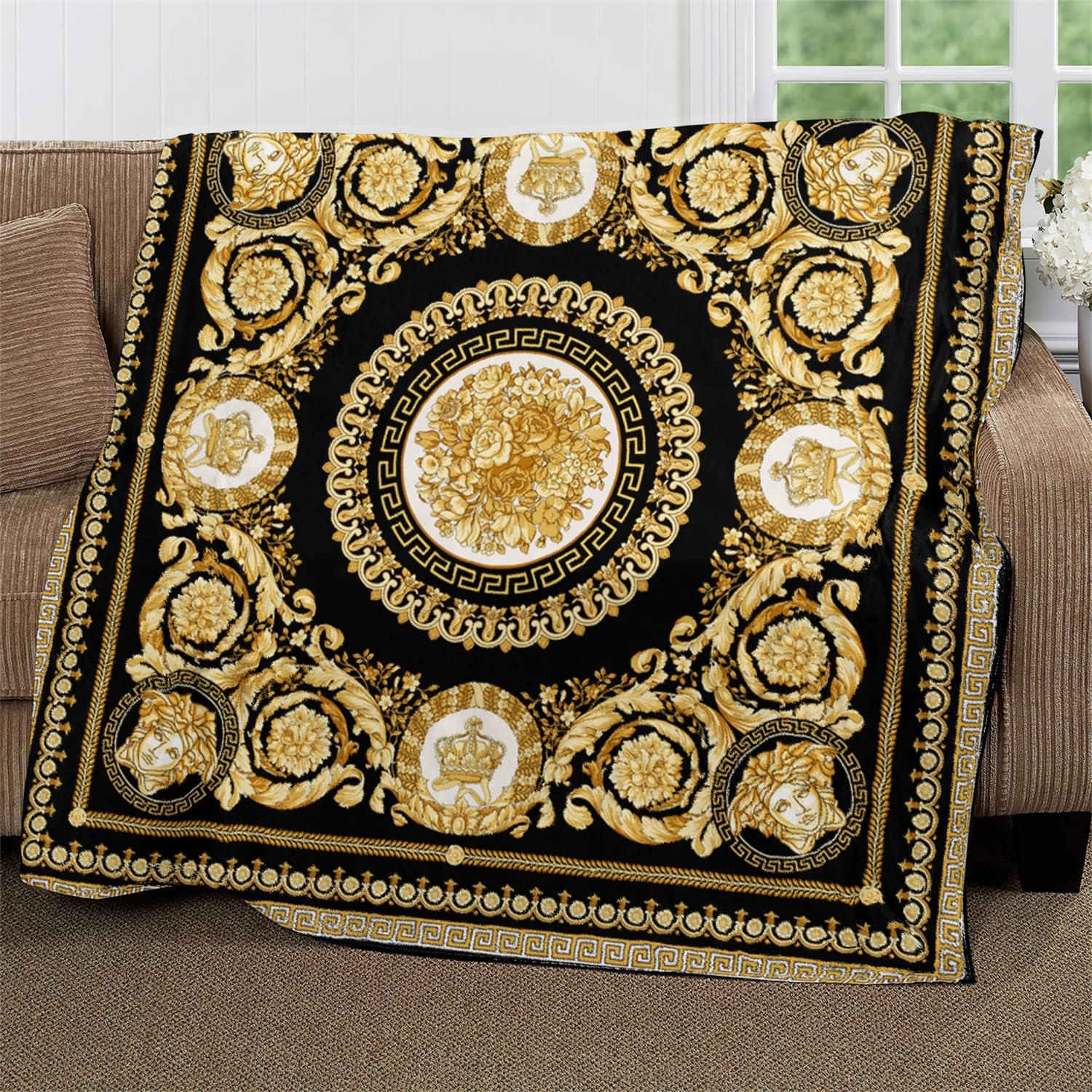 Kuscheldecke Goldenes Retro-Muster Flauschig Fleecedecke als Sofadecke Couchdecke Wohndecke Weiche & Warme Sofaüberwurf Decke 180 x 200 cm