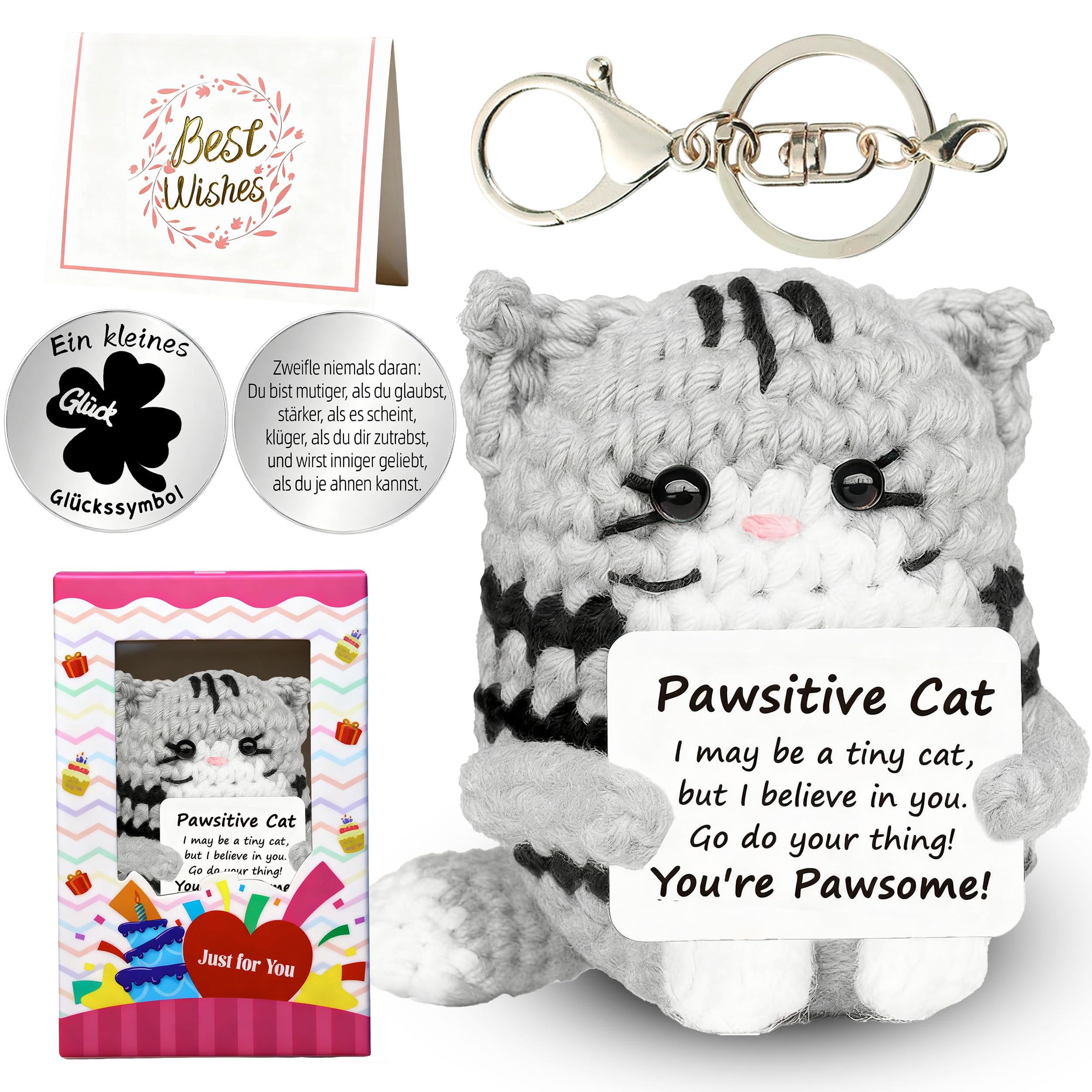 MLZTINGR Positiver Häkel Katze Mini mit Glücksbringer Münze - Handgemachtes Emotionale Unterstützung Geschenk für Frauen, Männer, Freunde, Mama, Tochter, Teen Geburtstag, Muttertag, Abschluss (Grau)