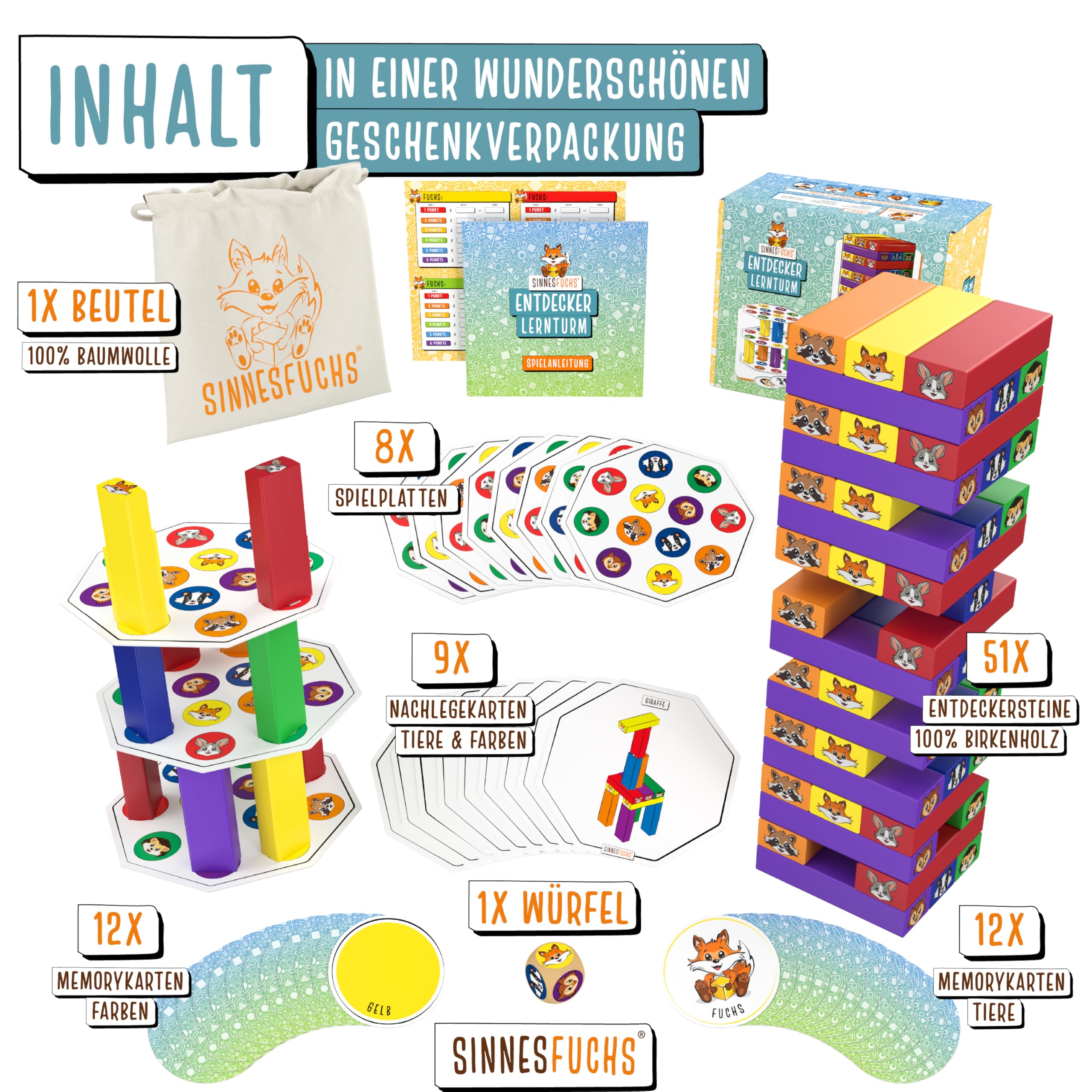 Wackelturm Holz - FSC® 100% Holzspielzeug ab 3 Jahre - kreatives 7 in 1 Lernspielzeug - Stapelspiel Holz Spielzeug - Geschicklichkeitsspiele ab 4 Jahre - Kinder Junge & Mädchen Turm Spiel