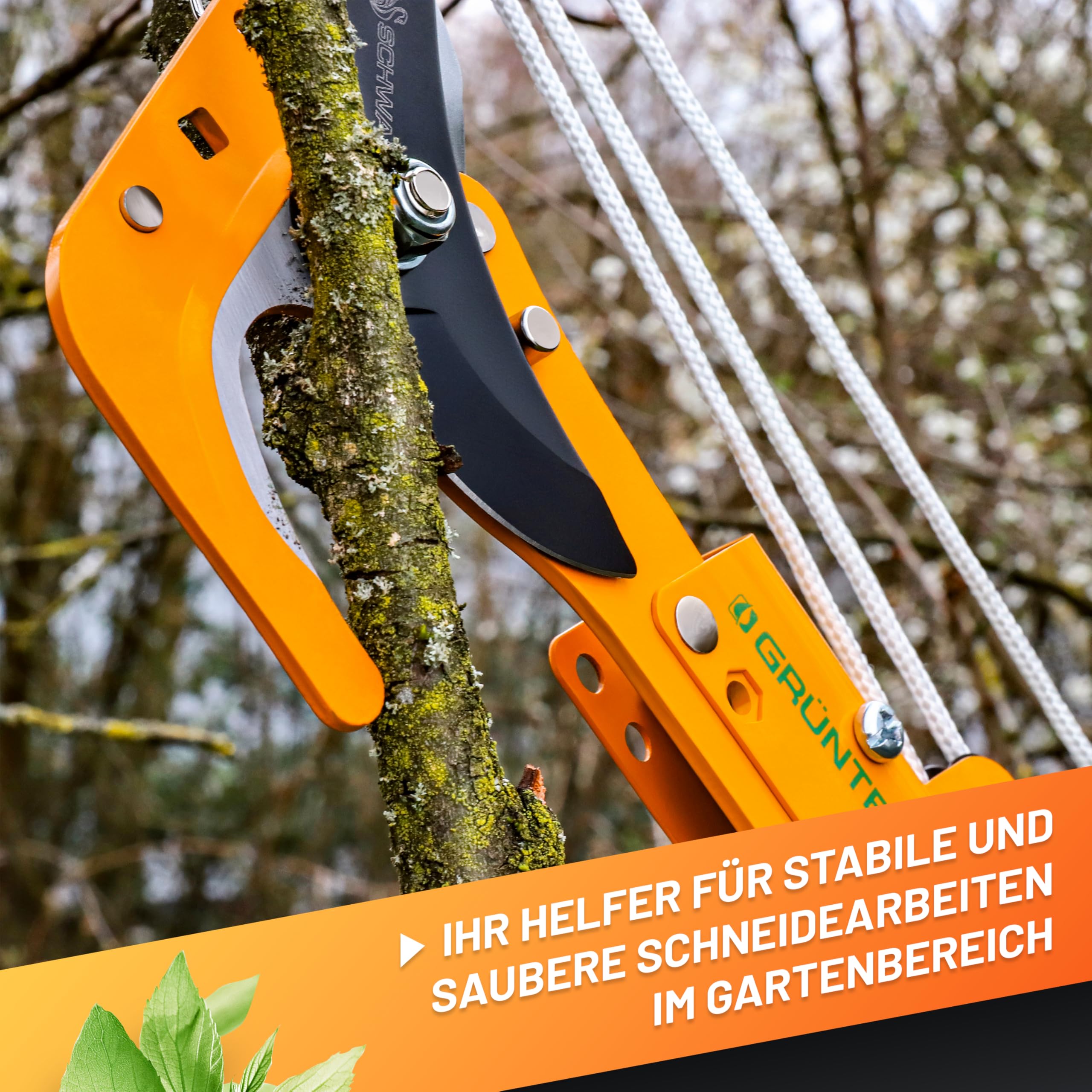 GRÜNTEK Raupenscheren Aufsatz SCHWAN, passend für Teleskopstiel WELS, Stangenschere mit hoher Hebelkraft und robustem Zugseil, Baumschere für entfernte Äste, bis 25 mm Schnittdurchmesser