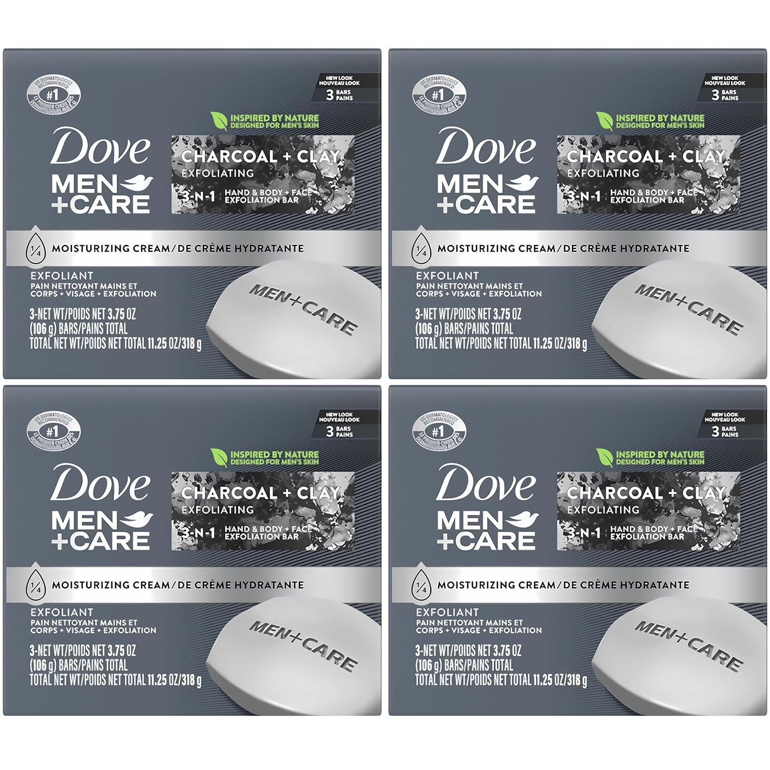 Dove Men + Care Bar Soap Charcoal Clay, 12 Count, 3 in 1 Body Face and Hand Exfoliating, Purifying Bar Soaps for Men, Plant Based with Essential Oils, Moisturizes Dry Skin, Clean Scent, 3.75 oz. Each