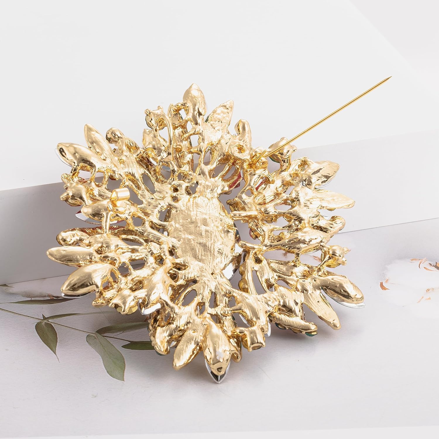 SELOVO 3.5" Huge Big Large Brooch Pendant Scarf Hats Decoration Blue Flower Pin Gold Tone - Image 3