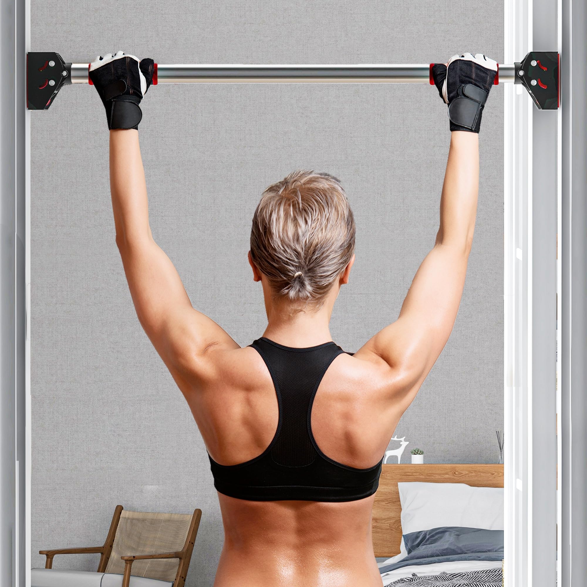 SPORTNOW Sbarra per Trazioni a Larghezza Regolabile 75-92 cm con Impugnature Antiscivolo, Barra Trazioni in Acciaio, ABS e Plastica, Carico 200kg, per Allenamento a Casa, Rosso e Nero