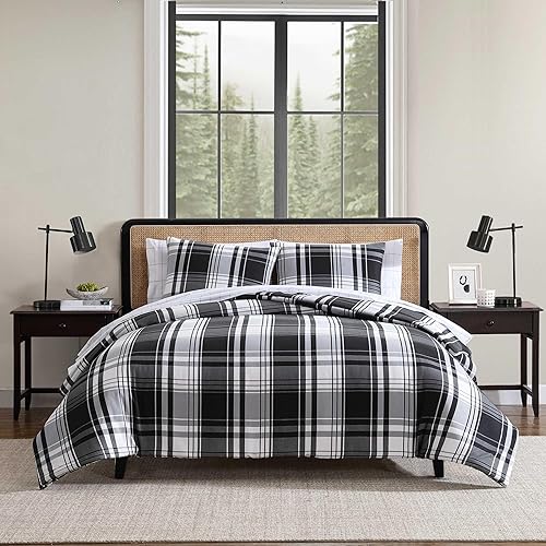 Eddie Bauer - King Comforter Set, Super Soft Reversible Bedding with Matching Shams, Plaid Home Decor, Oeko-Tex Certified (Saddle Mountain Plaid Black, King)