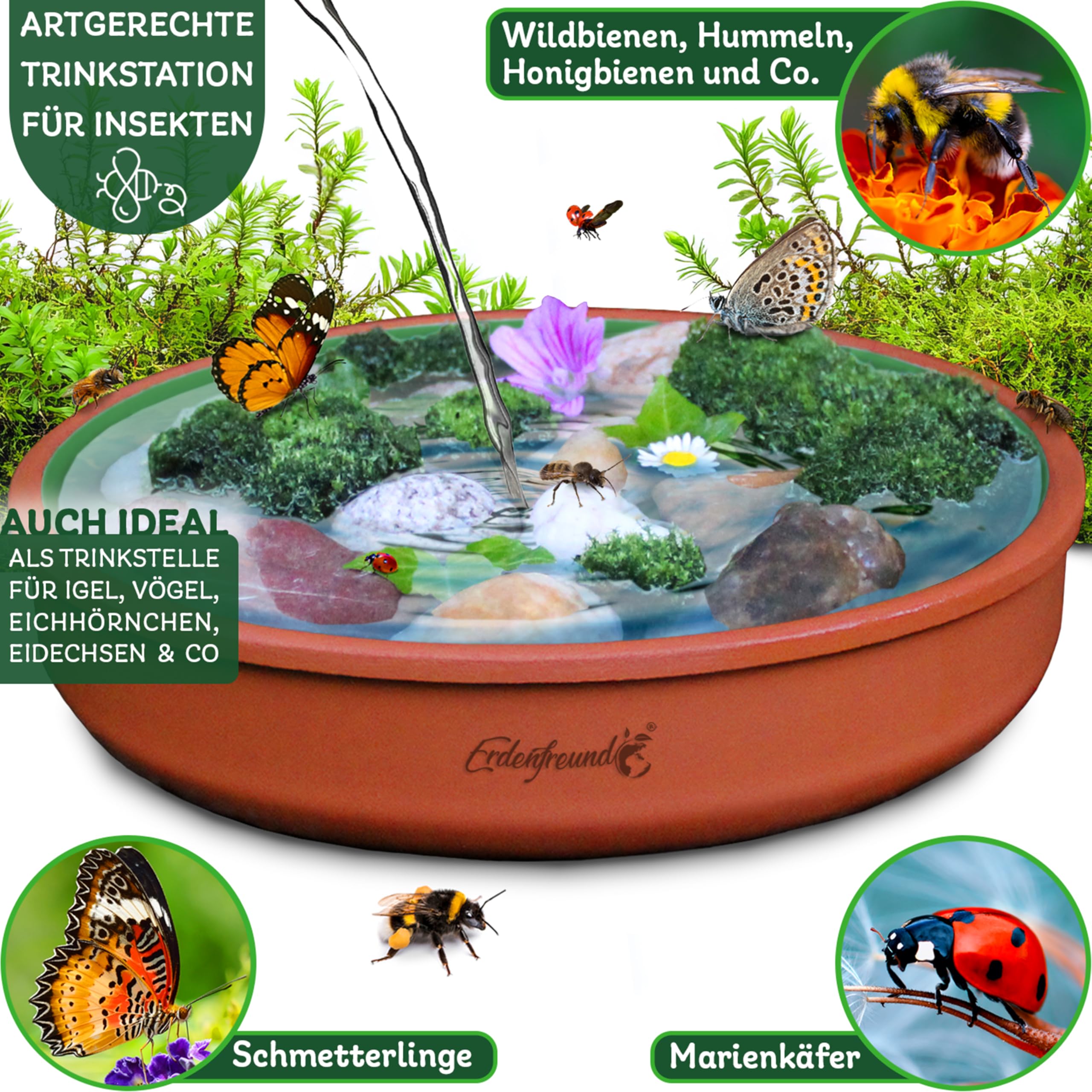 ERDENFREUND® Bienentränke Keramik + Dekosteine >1000°C feuerveredelte Insektentränke Keramik mit Innenglasur moosgrün hygienisch spülmaschinentauglich (Ø23cm Bienentränke inkl. Dekosteinen)