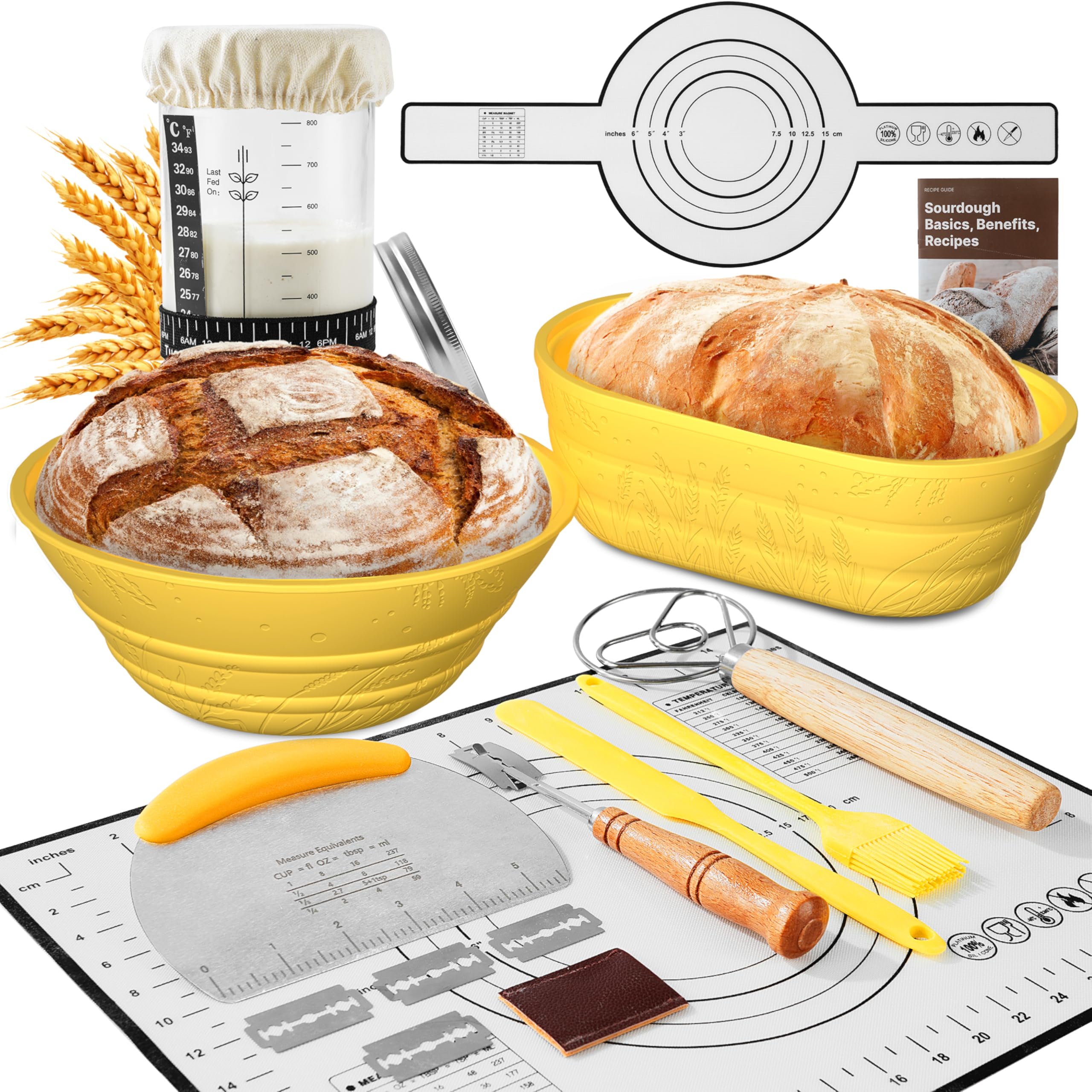 BICRET Lot de 15 accessoires de cuisson au levain avec panier de fermentation motif de blé, verre de fermentation, thermomètre, panier à pain, couteau à pâte, cadeau pour débutants (jaune)