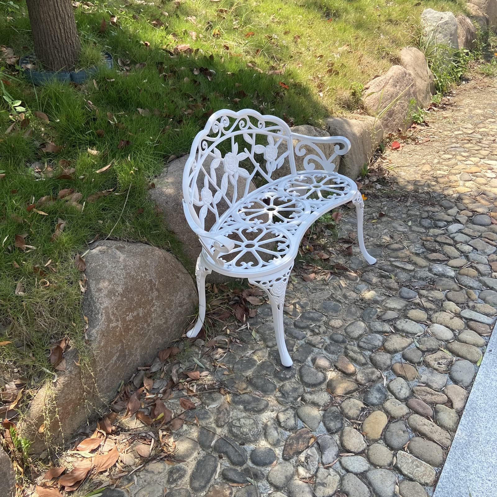 Panchina da giardino, in metallo, alluminio, rosa, adatta per giardino, veranda, parco, balcone, esterno (bianco)
