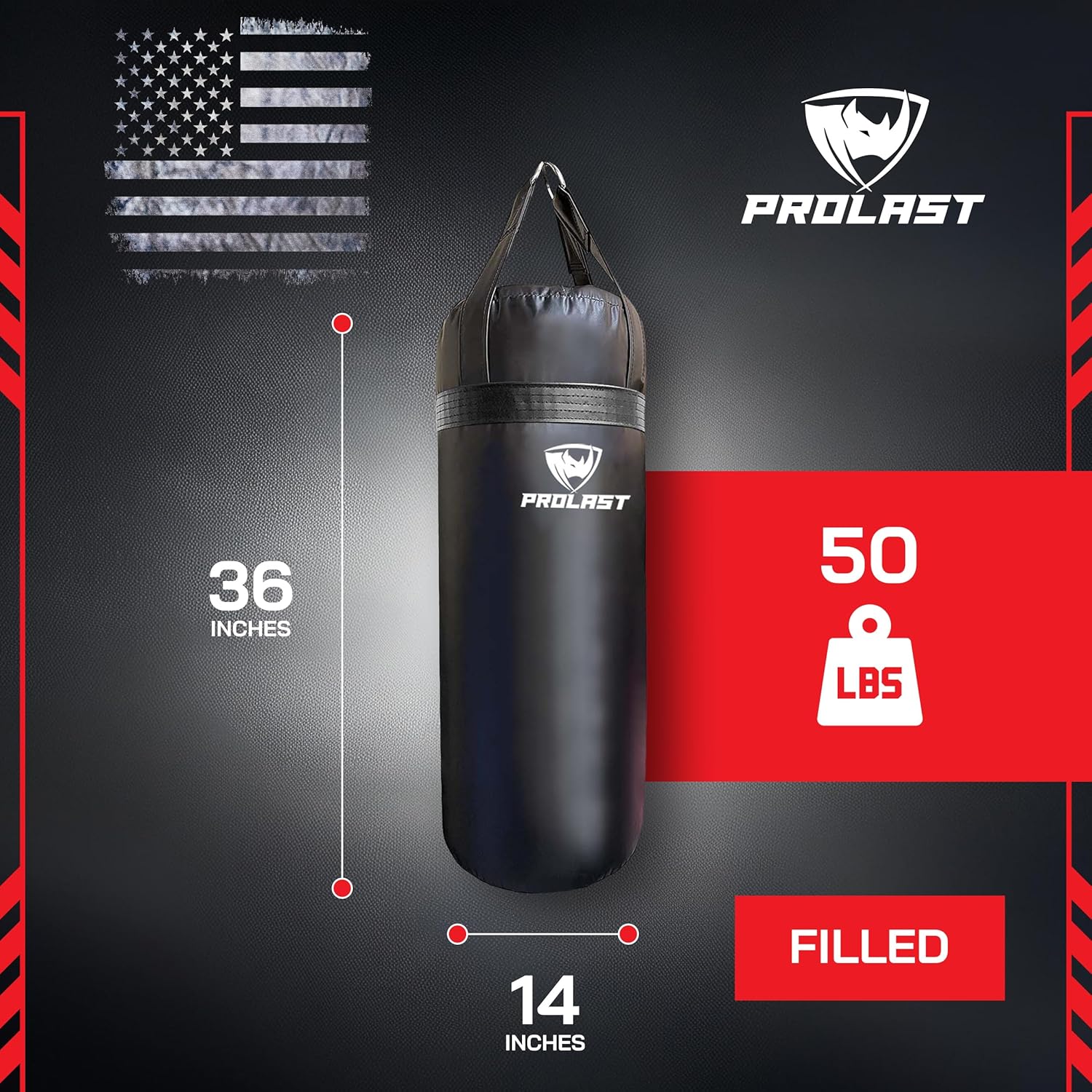 PROLAST Punching Bag for Experienced and Beginners, Boxing, MMA, Martial Arts, Muay Thai Training Equipment, Hanging, 3ft, 50 lbs, Rhino Logo