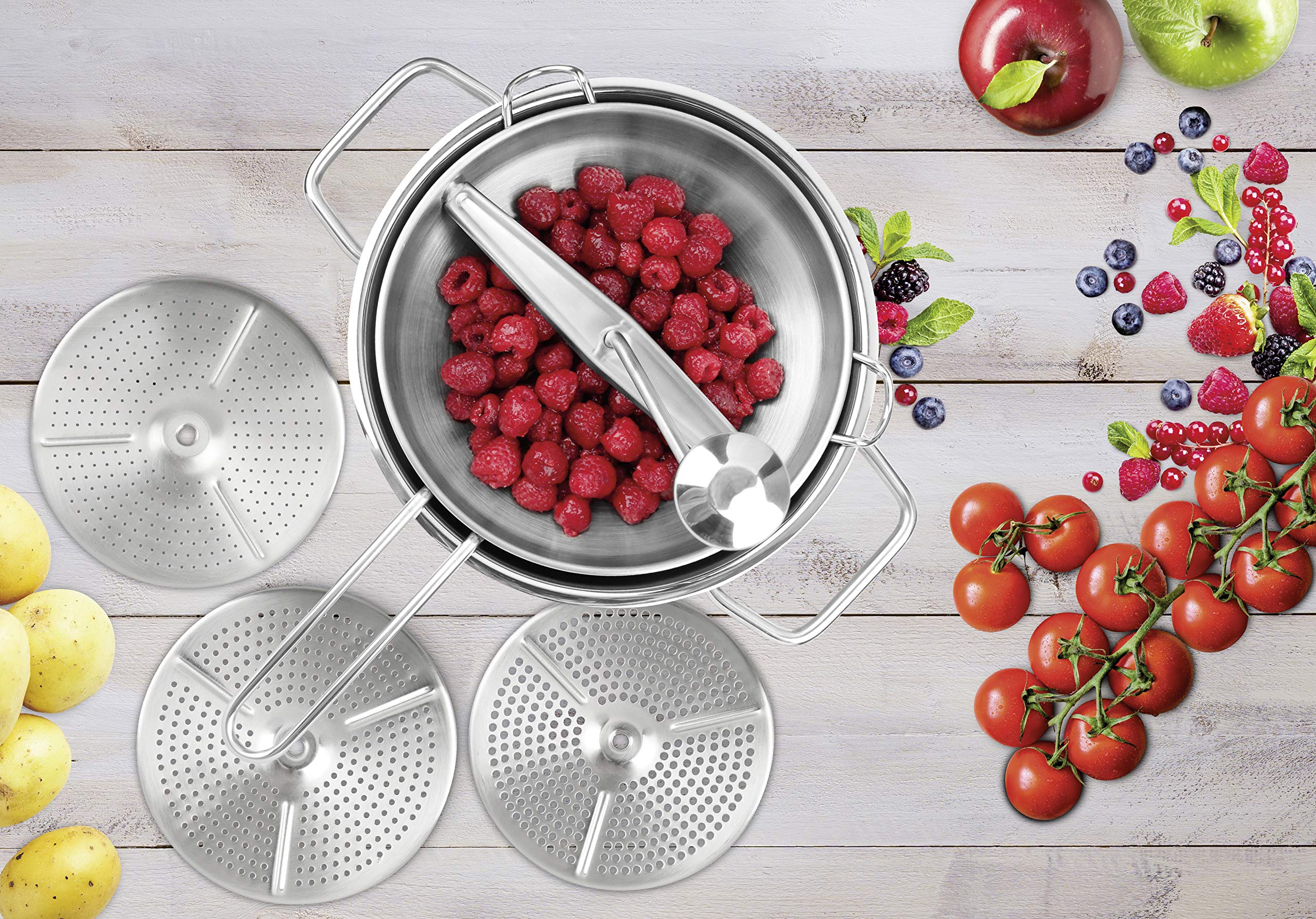 Dr. Oetker Passiergerät mit Trichter, Passiermühle und Einfülltrichter aus Edelstahl, Passiermaschine mit 3 Lochscheiben, Einmachtrichter mit Siebeinsatz (Farbe: Silber), Menge: 1 x 2er Set