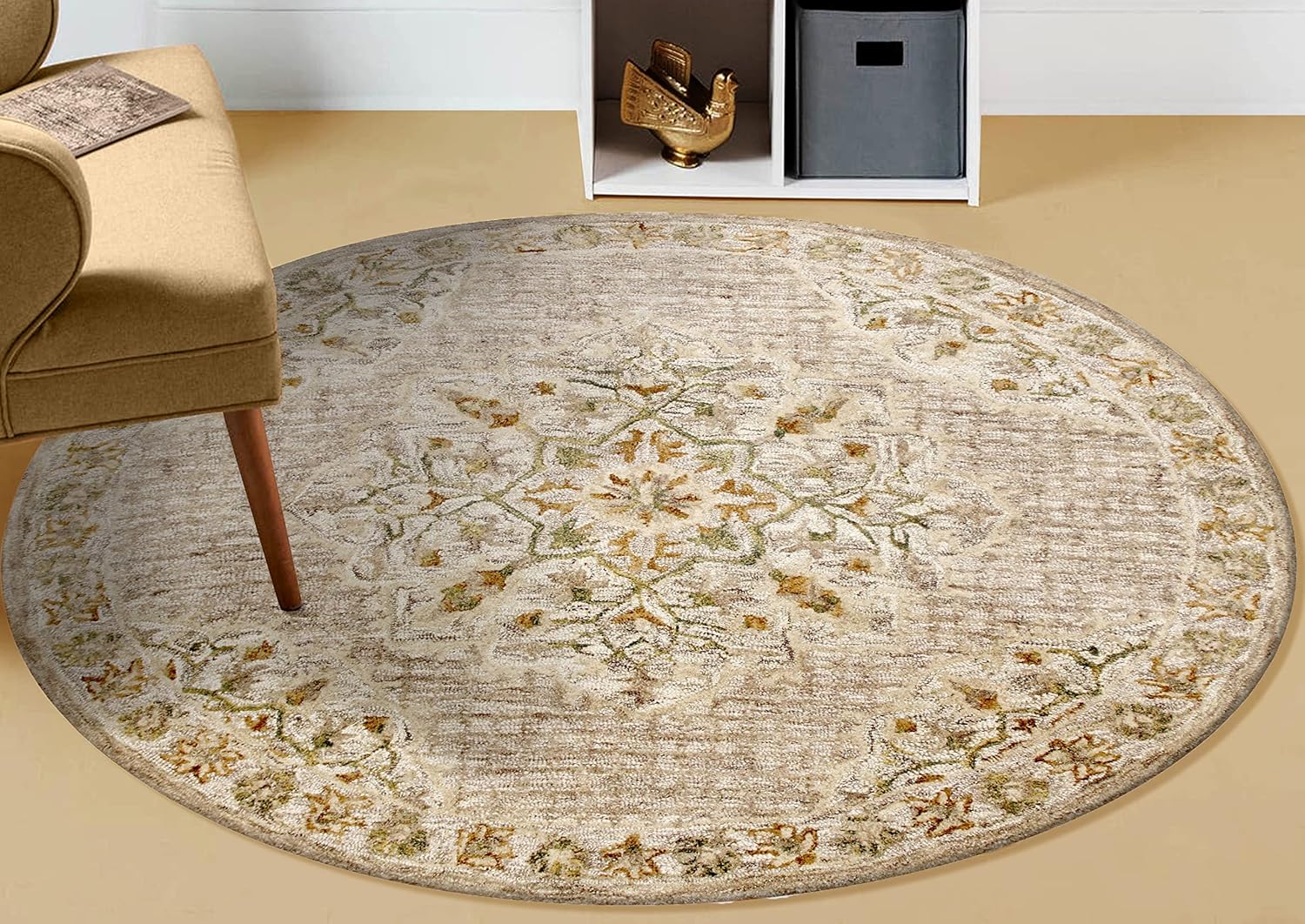 LR Home 4ft Round Indoor Natural Wool Area Rug for Home Decor | Carpet for Bedroom, Living Room, entryway, playroom, Office | Hand Tufted Modern Farmhouse Boho Area Rug for Room Decor | Beige/Cream