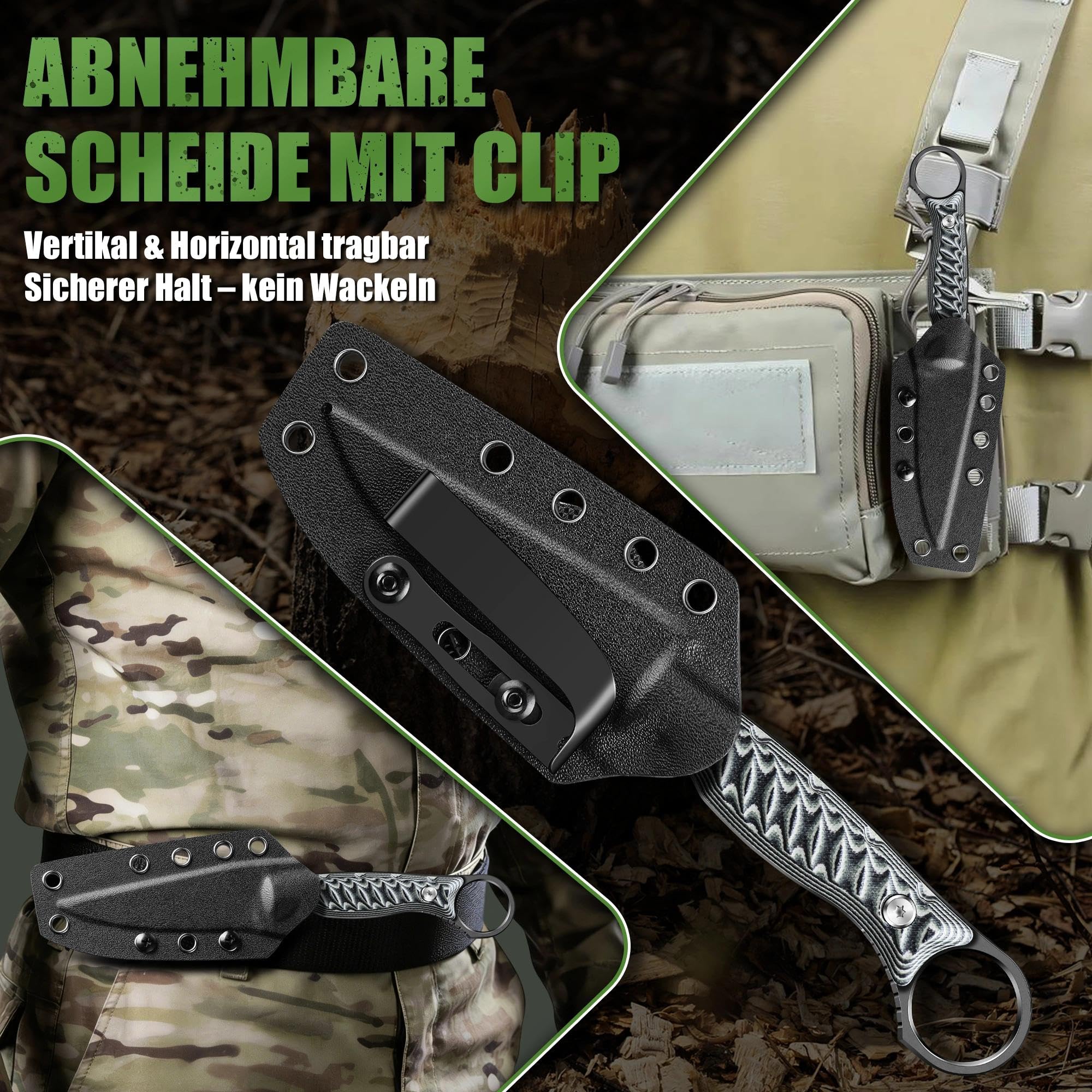 Dragon Creek Feststehendes EDC-Messer, ausgestattet mit Kydex-Scheide und Taschenclip Die einteilige Vollkonstruktion eignet sich für Outdoor, Camping, und Wandern(Grey)