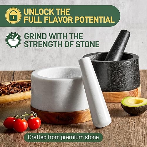 Miniatura 4 de Juego de mortero y mortero grande de 6 pulgadas con base de madera antiarañazos, mortero resistente y mortero hecho de granito natural (negro)
