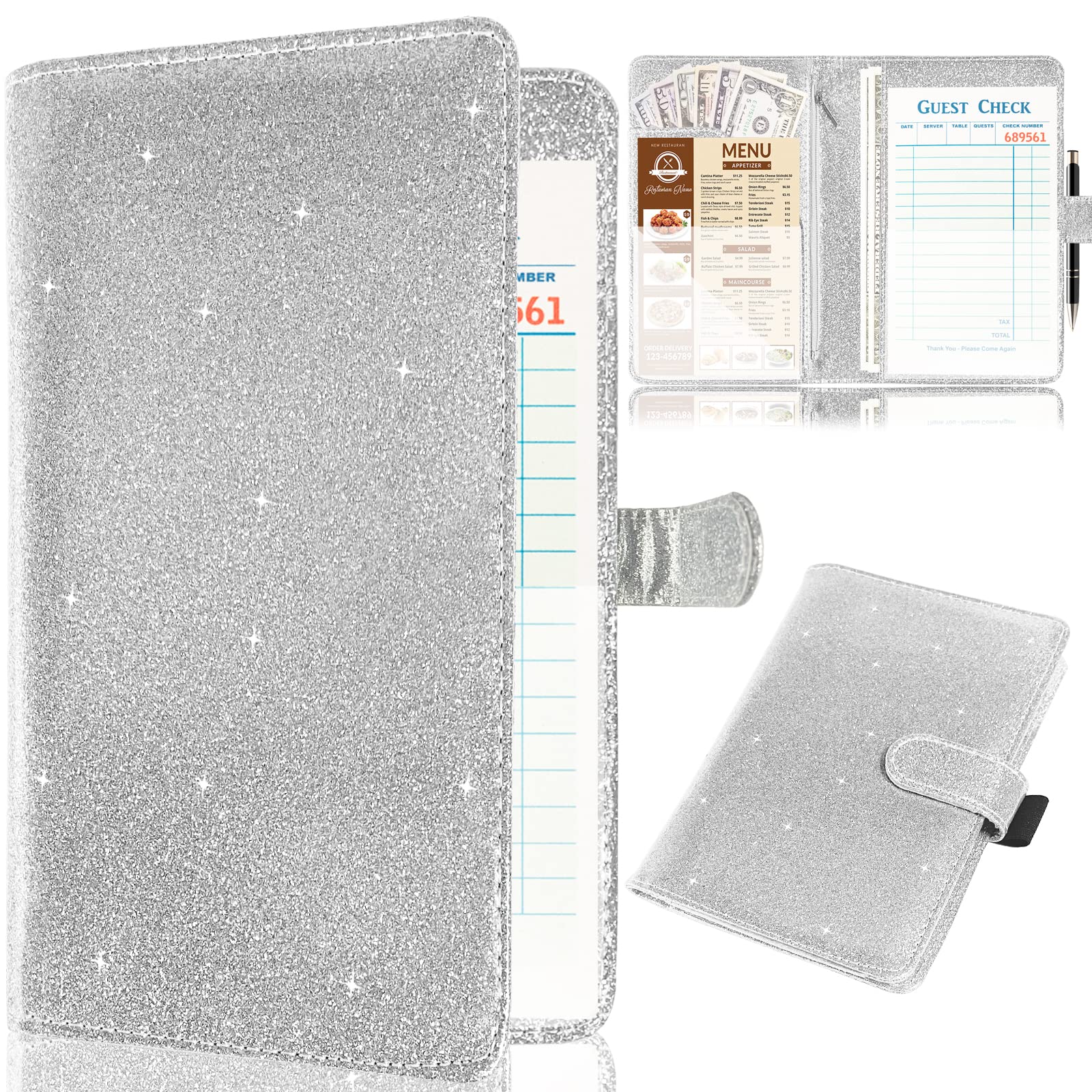Server Book for Waitress,Leather Waiter Book Organizer with Zipper Pocket, Bling Waitress Money Wallet and Pen Holder, Restaurant Waitstaff Organizer, Glitter Silver