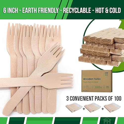 Miniatura 3 de Juego de cubiertos de madera desechables de 300 piezas en total, cubiertos biodegradables compostables ecológicos, juego de 300 tenedores de madera