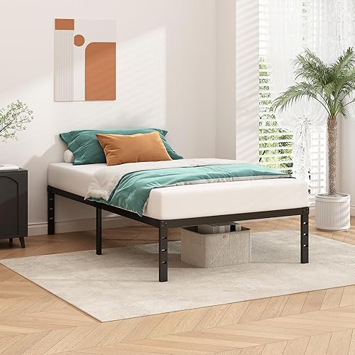 Miniatura 2 de Base de cama metálica de plataforma de 14 pulgadas de altura, no necesita somier, base de cama tamaño individual con listones de soporte resistentes