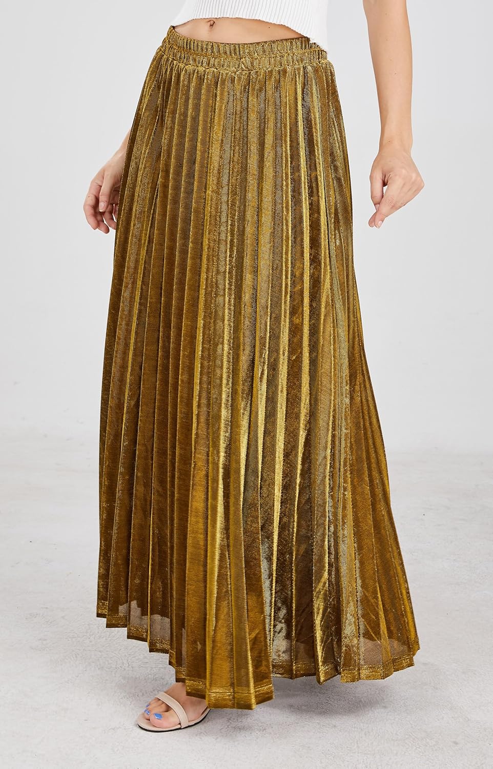 CHARTOU Women's Premium Metallic Shiny Shimmer Accordion Pleated Long Maxi Skirt - Image 3