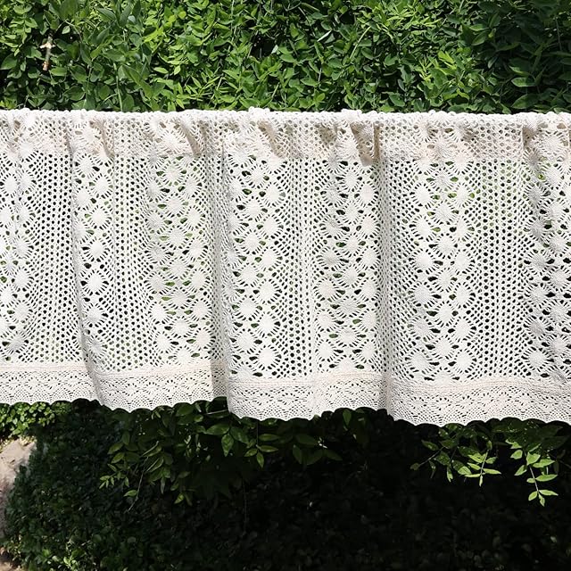 ArtisticHome Linen Cafe Short Tier Curtains, Small Natural Cotton Light Filter Handmade Crochet Hollow Kitchen Curtain Valance 24" Drop Beige Half Window Treatment Rod Pocket for Bedroom, Living Room