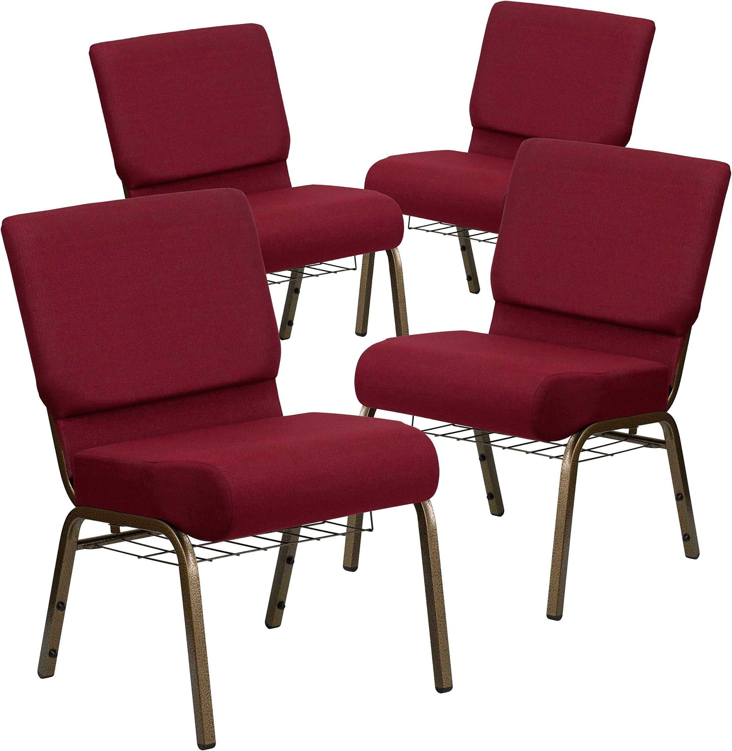 4 Pack HERCULES Series 21''W Church Chair in Burgundy Fabric with Cup Book Rack - Gold Vein Frame