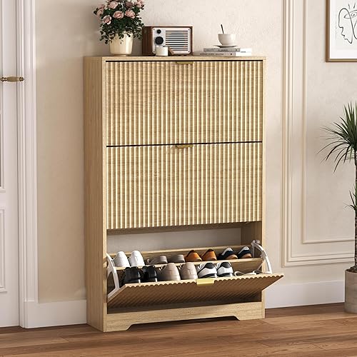 Miniatura 30 de Armario de zapatos para entrada con 3 cajones abatibles, armario de zapatos blanco acanalado con estantes ajustables, zapatero oculto de madera