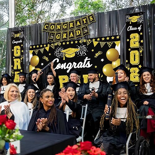 Miniatura 6 de Decoraciones de fiesta de graduación 2024, decoraciones de graduación negras y doradas, decoraciones de graduación de clase de 2024, pancarta