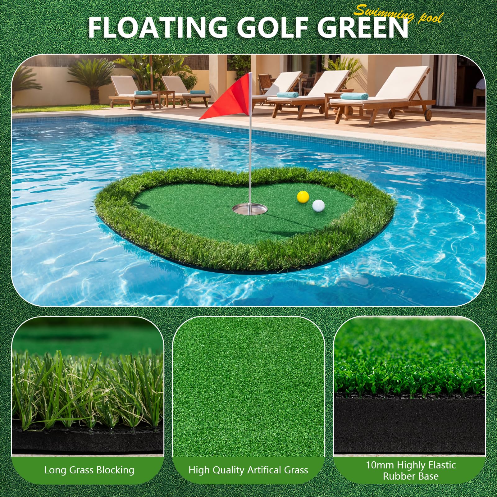 Wekin Tapis de golf flottant vert 88,9 x 71,1 cm pour piscine et lac, entraînement de golf intérieur et extérieur, jeu d'entraînement de golf dans le jardin et excellent cadeau pour homme