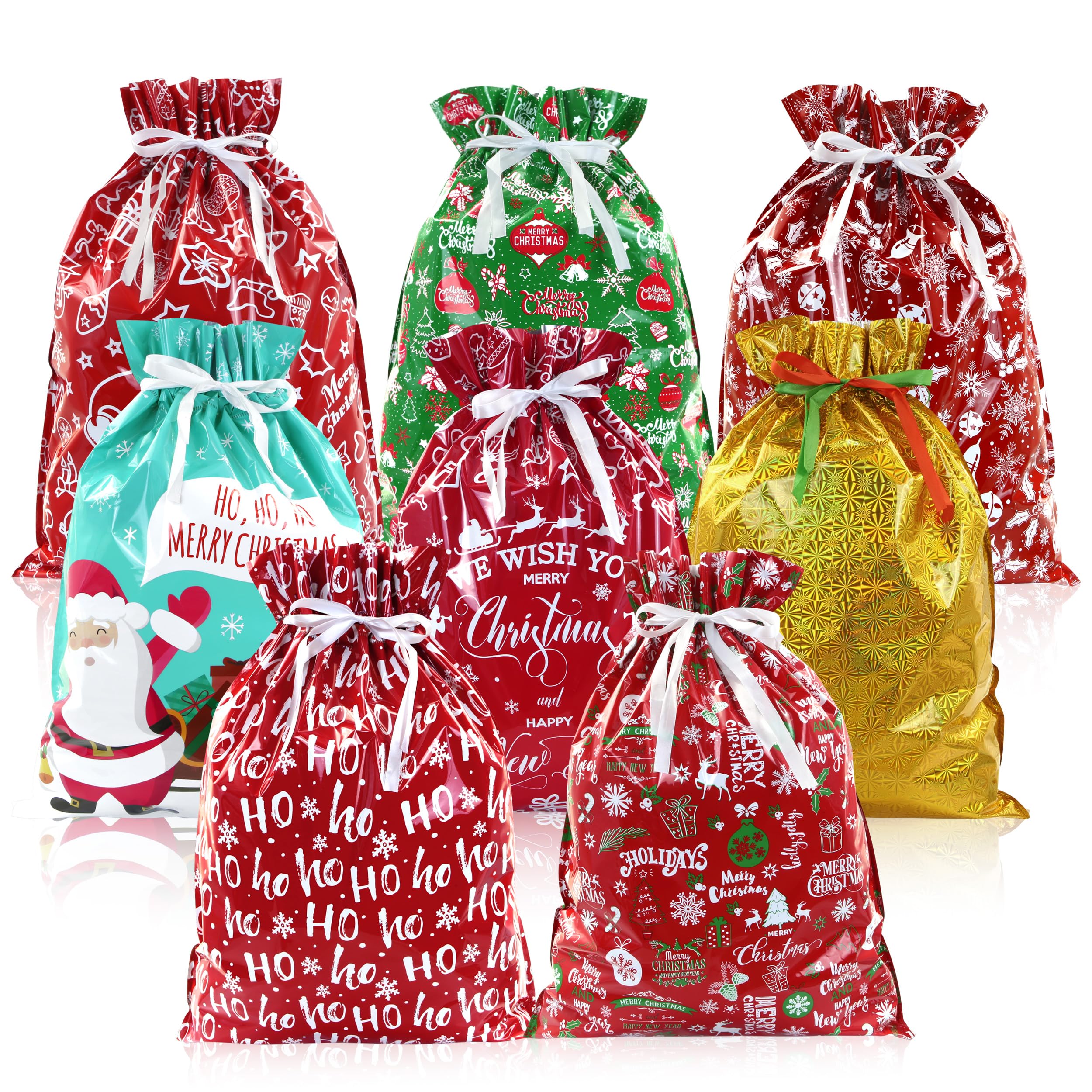 Christmas Drawstring Gift Bags, 8 Pieces Large Plastic Xmas Party Favors & Holiday Present Wrapping, Assorted Colorful Designs Goodie Bags for Christmas Holiday Birthday Party Supplies