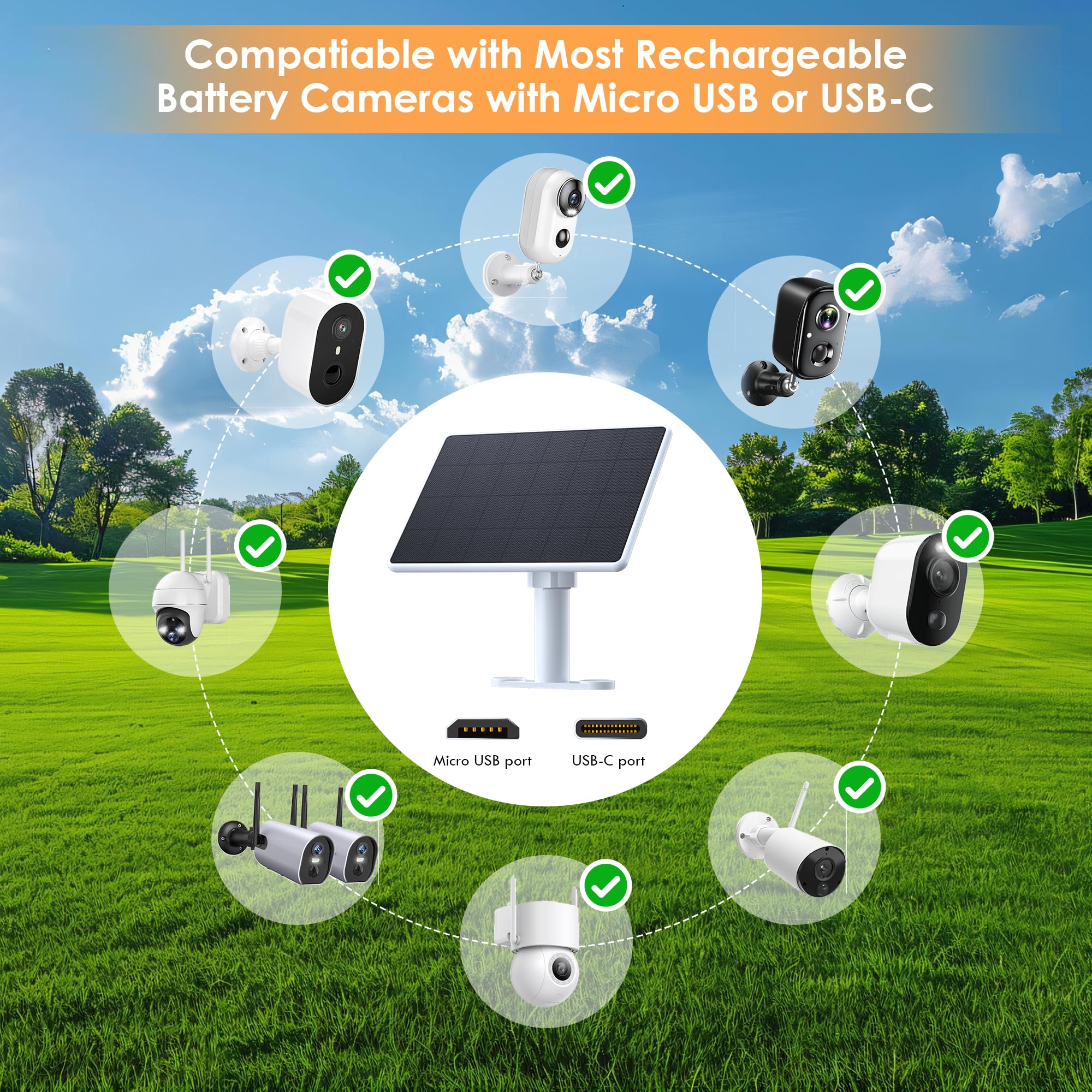 Pannello solare da 6 W per telecamera di sicurezza,Pannelli solari con porta Micro USB e USB-C per fotocamera esterna DC 5V,Caricatore solare per fotocamera a batteria ricaricabile,Impermeabile IP65