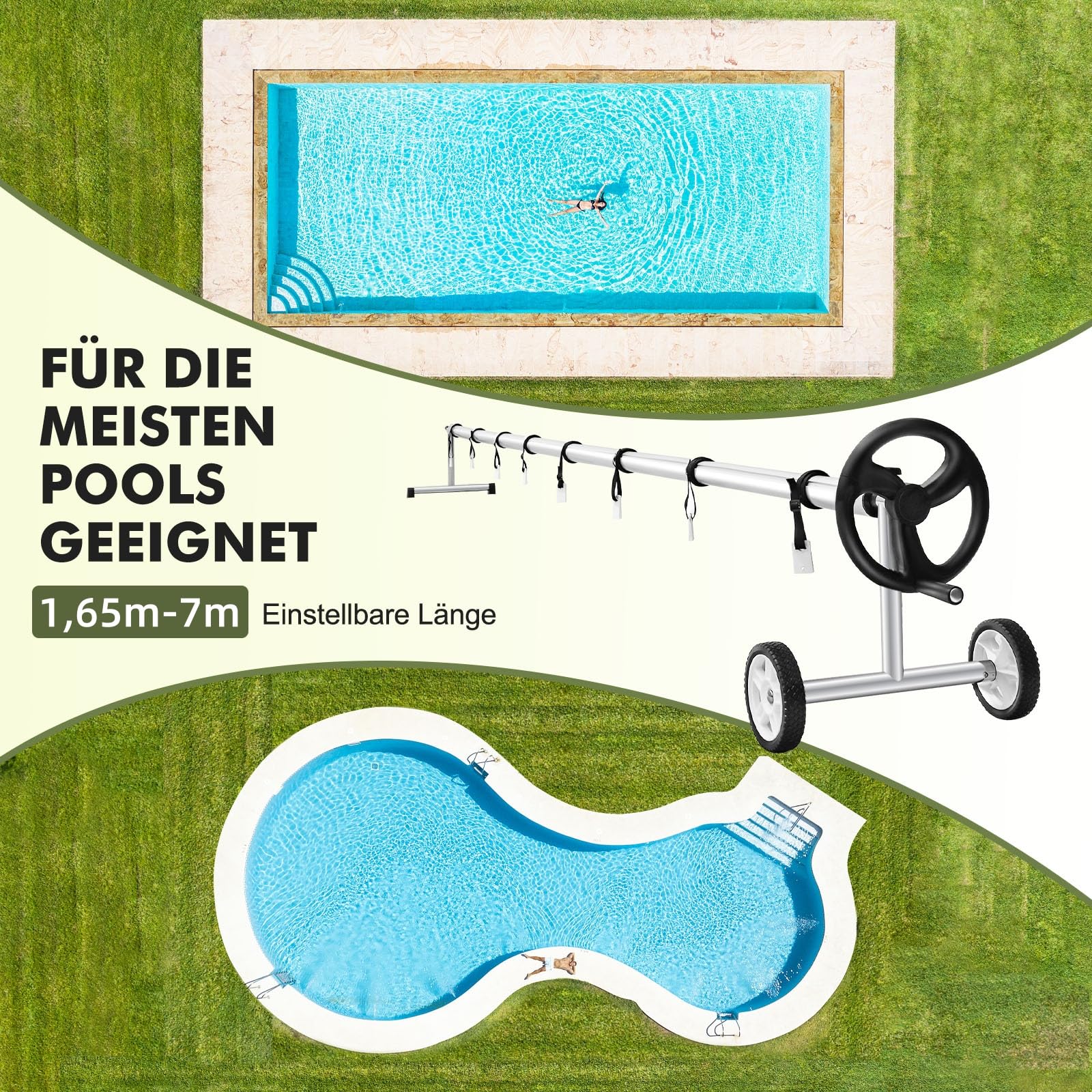 RELAX4LIFE Pool Aufroller, Aufrollsystem Fahrbar, 165-700 cm Verstellbar, Witterungsbeständiges Material, Solarfolie Stange inkl. 8 Befestigungsbänder, Aufrollvorrichtung für Solarplane & Poolplane